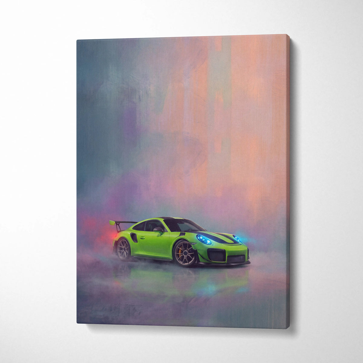 Porsche 911 gt3 rs inspired lime green canvas print with glowing blue headlights and smoky background wall art