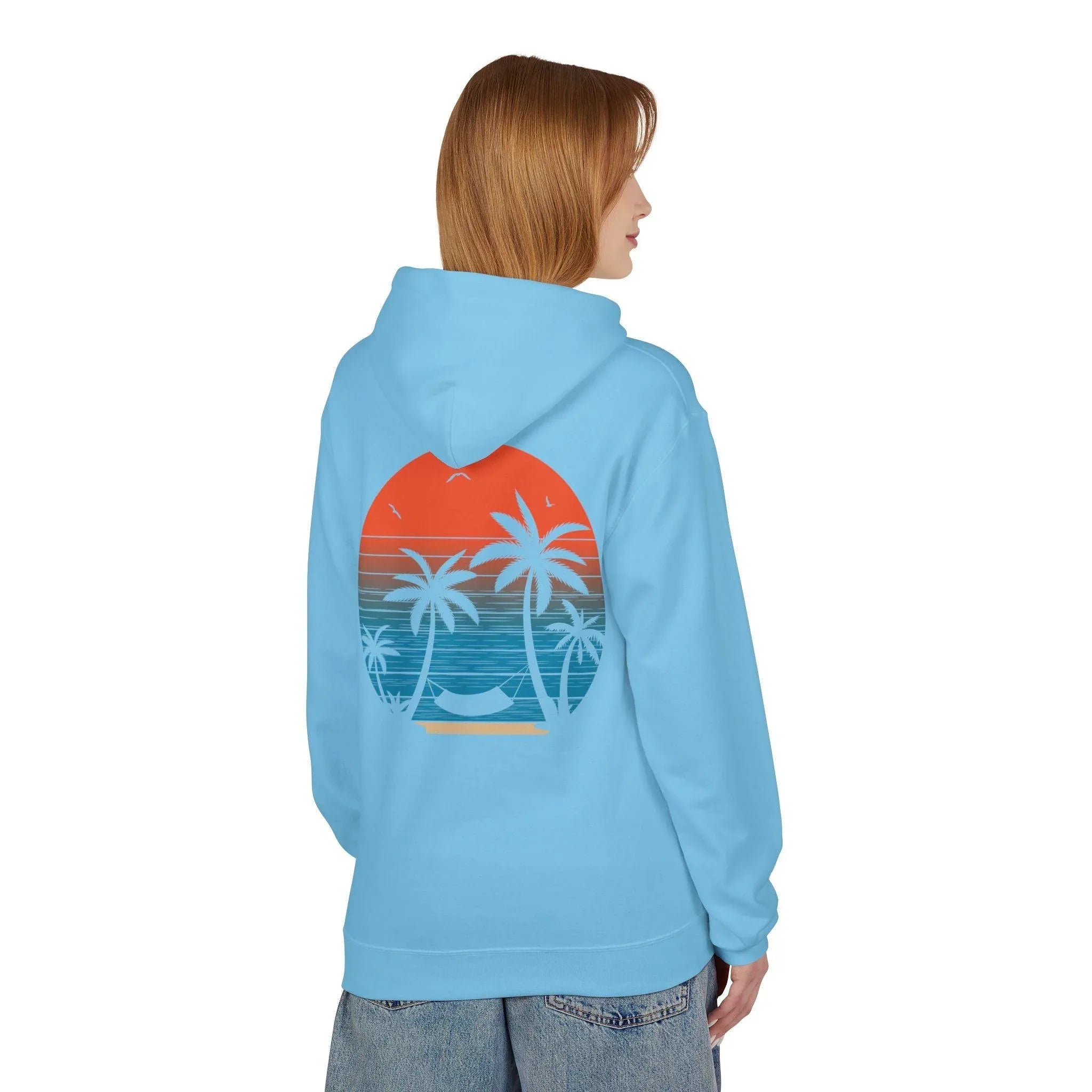Cozy Beach Sunset Vibes Fleece Hoodie with Palm Tree Design