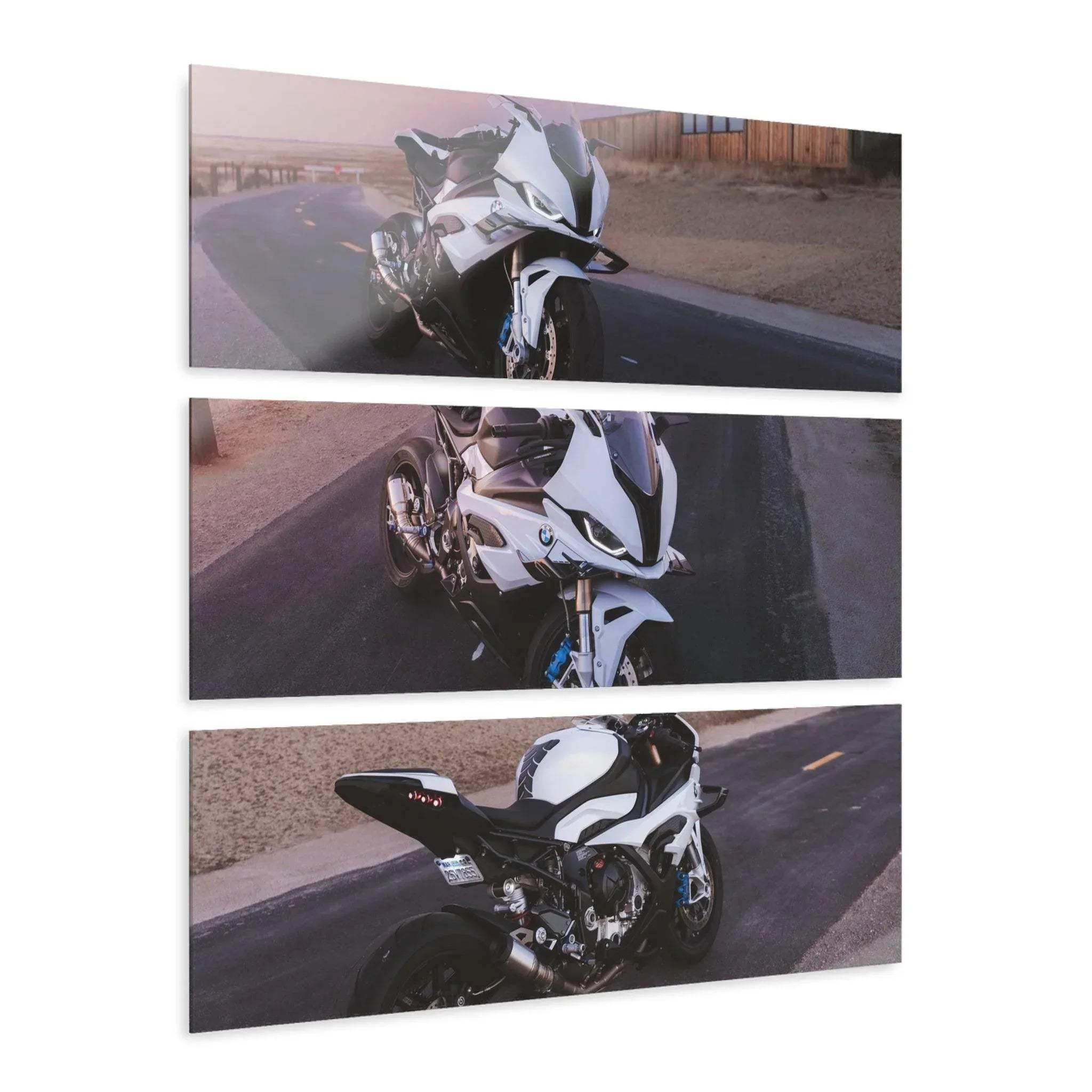 BMW S1000RR motorcycle displayed on three-piece canvas art set, modern wall art with sleek design.