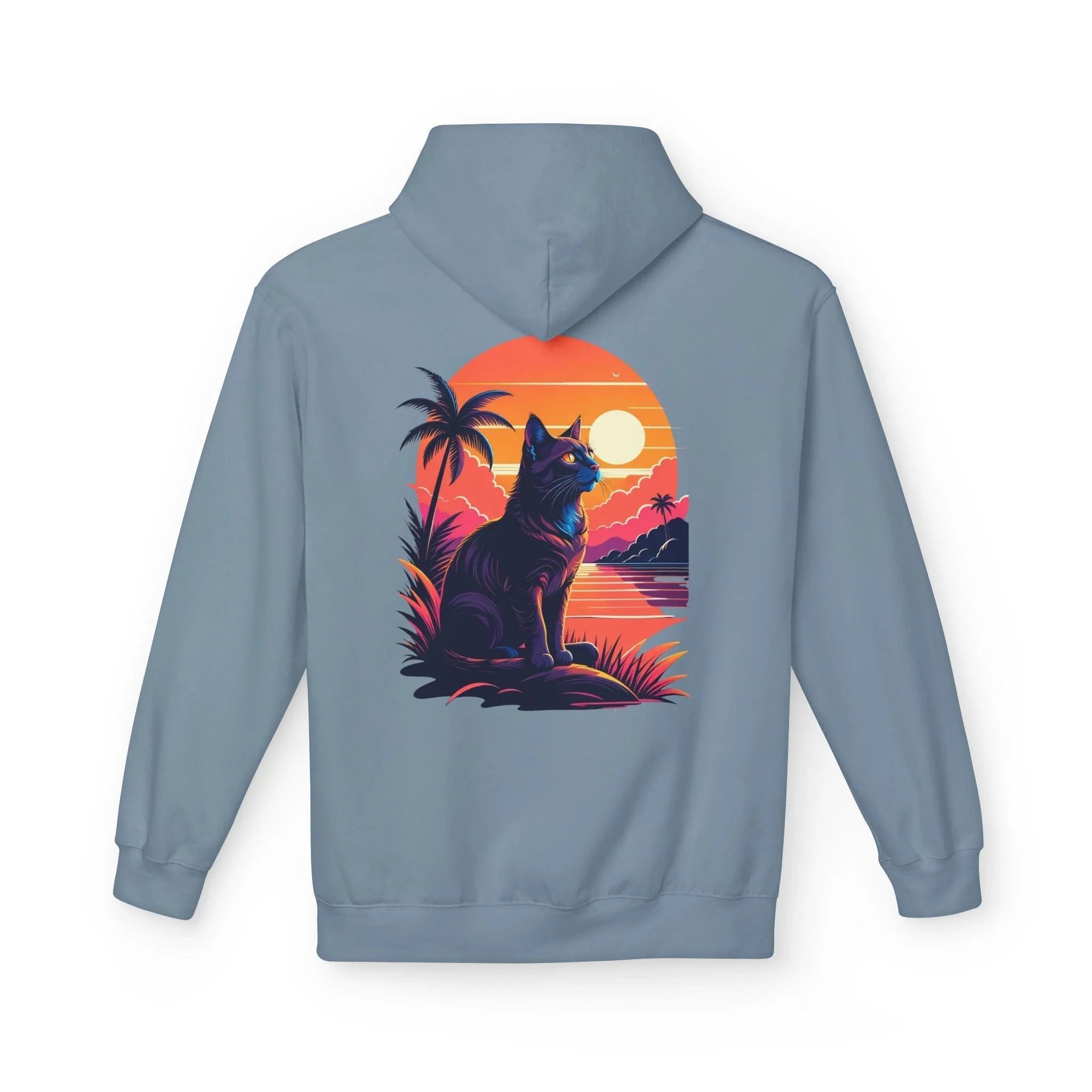 Cozy Cat Lover's Retro Sunset Fleece Hoodie