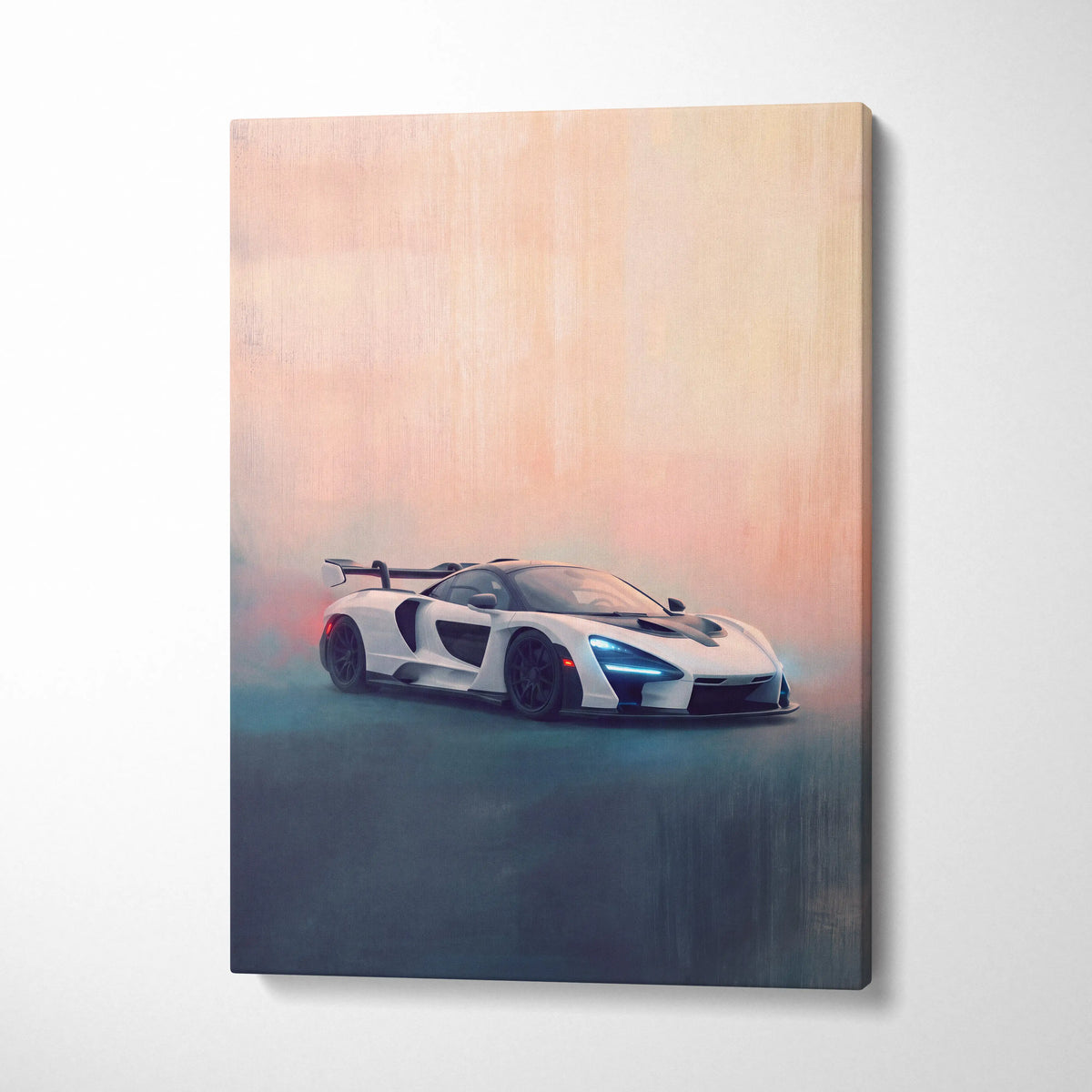 White McLaren Senna sports car with black accents and glowing blue headlights in stylized canvas automotive wall decor