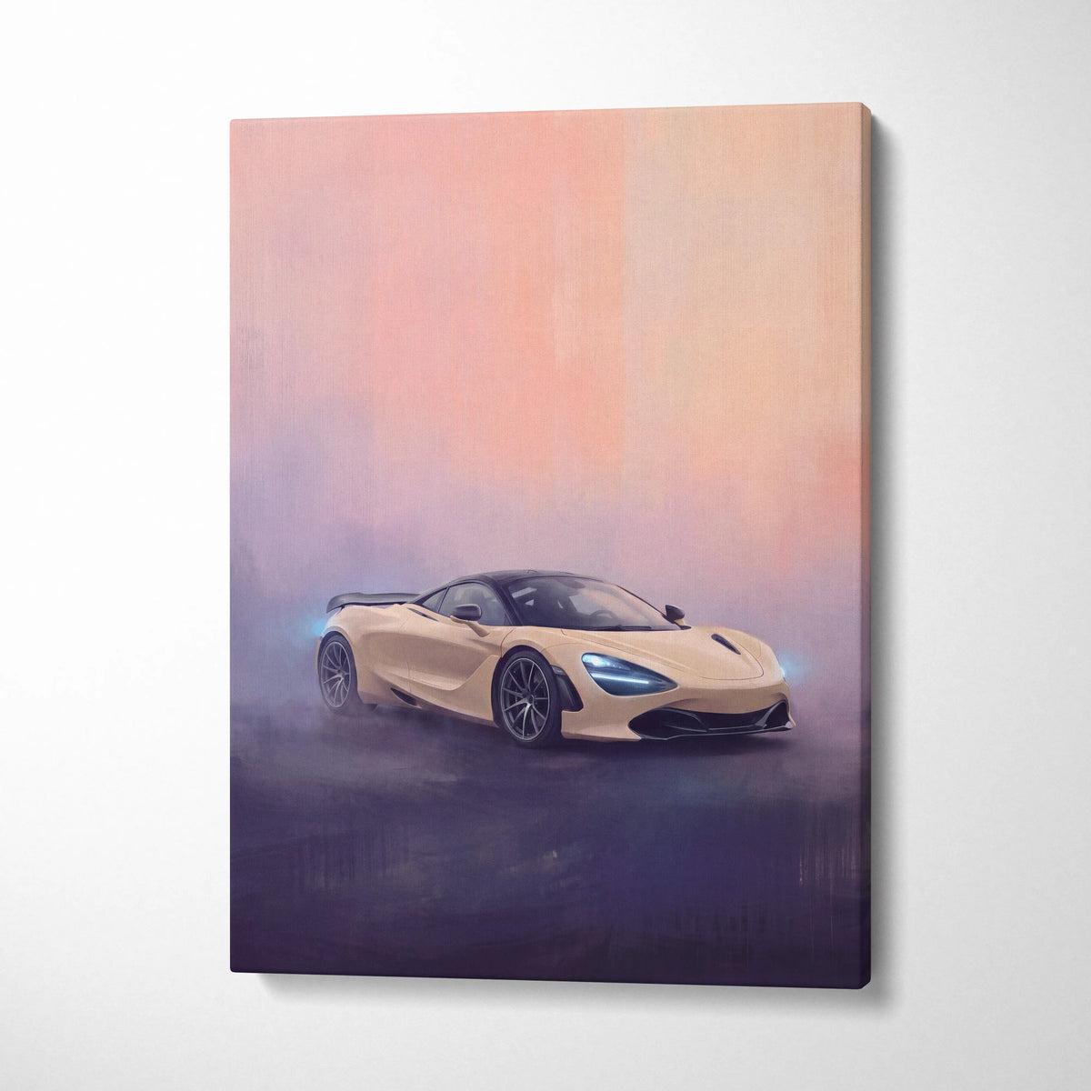 Beige mclaren 720s sports car canvas print with glowing blue headlights in misty stylized painting for wall art