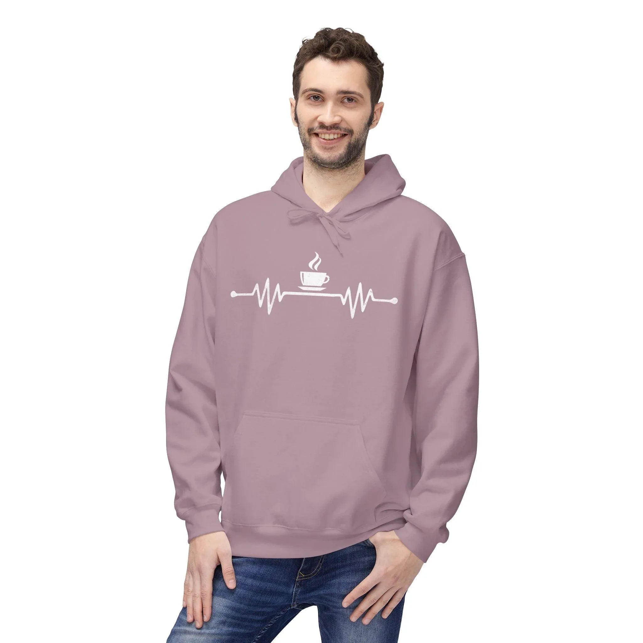 Cozy Coffee Lover's Fleece Hoodie – Heartbeat Design for Ultimate Comfort