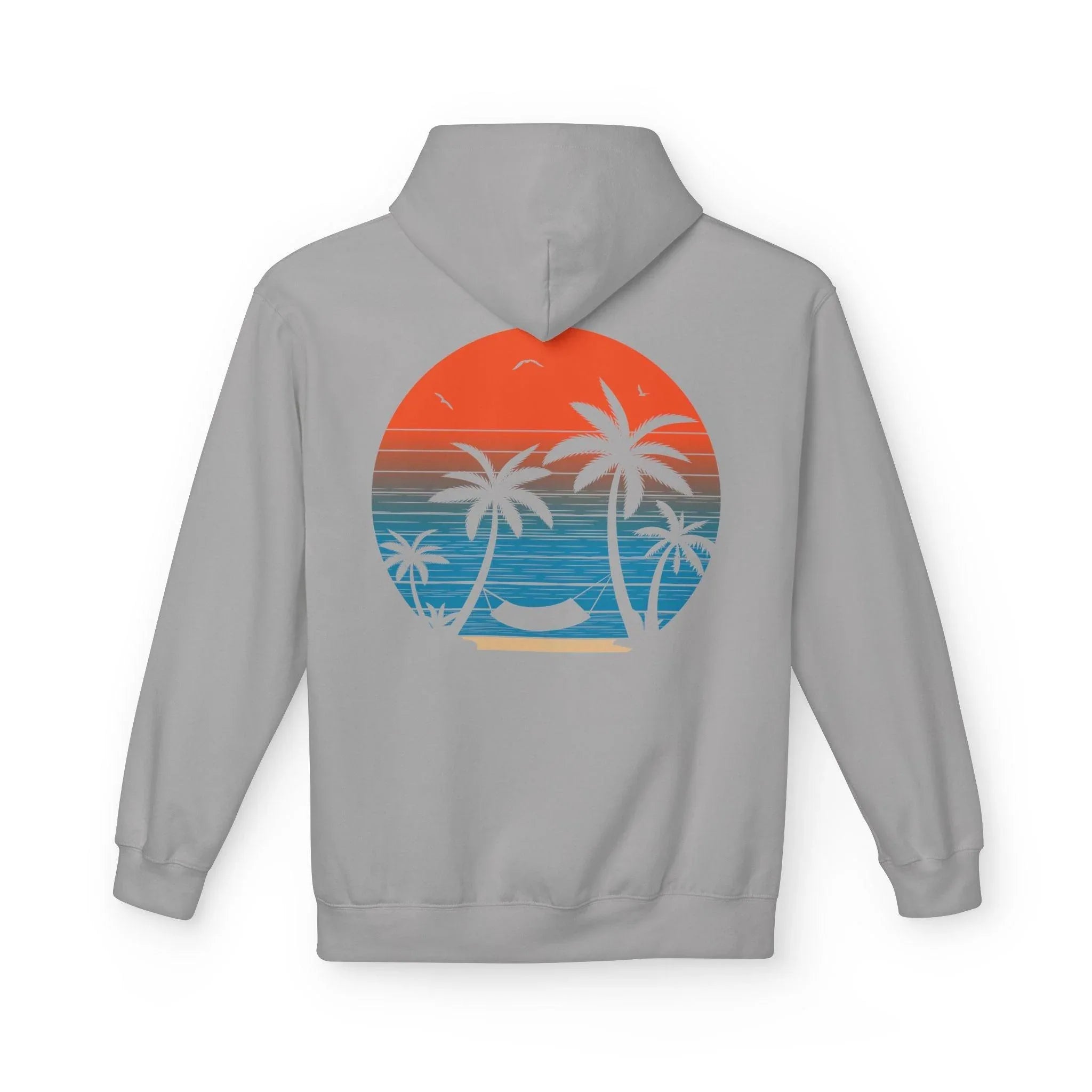 Cozy Beach Sunset Vibes Fleece Hoodie with Palm Tree Design