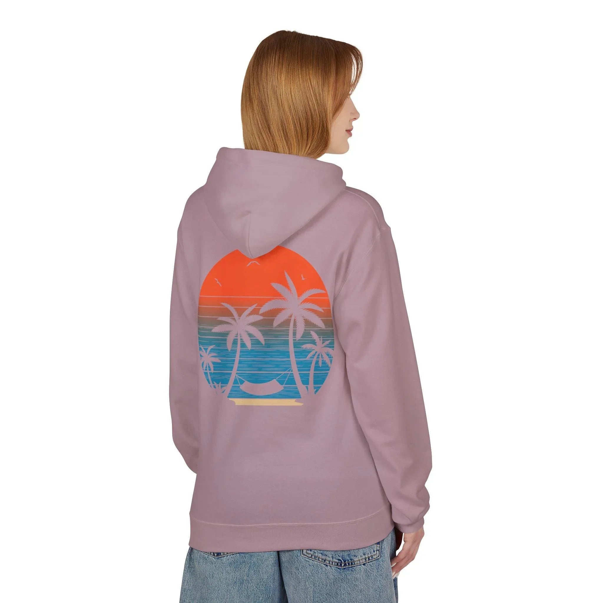 Cozy Beach Sunset Vibes Fleece Hoodie with Palm Tree Design