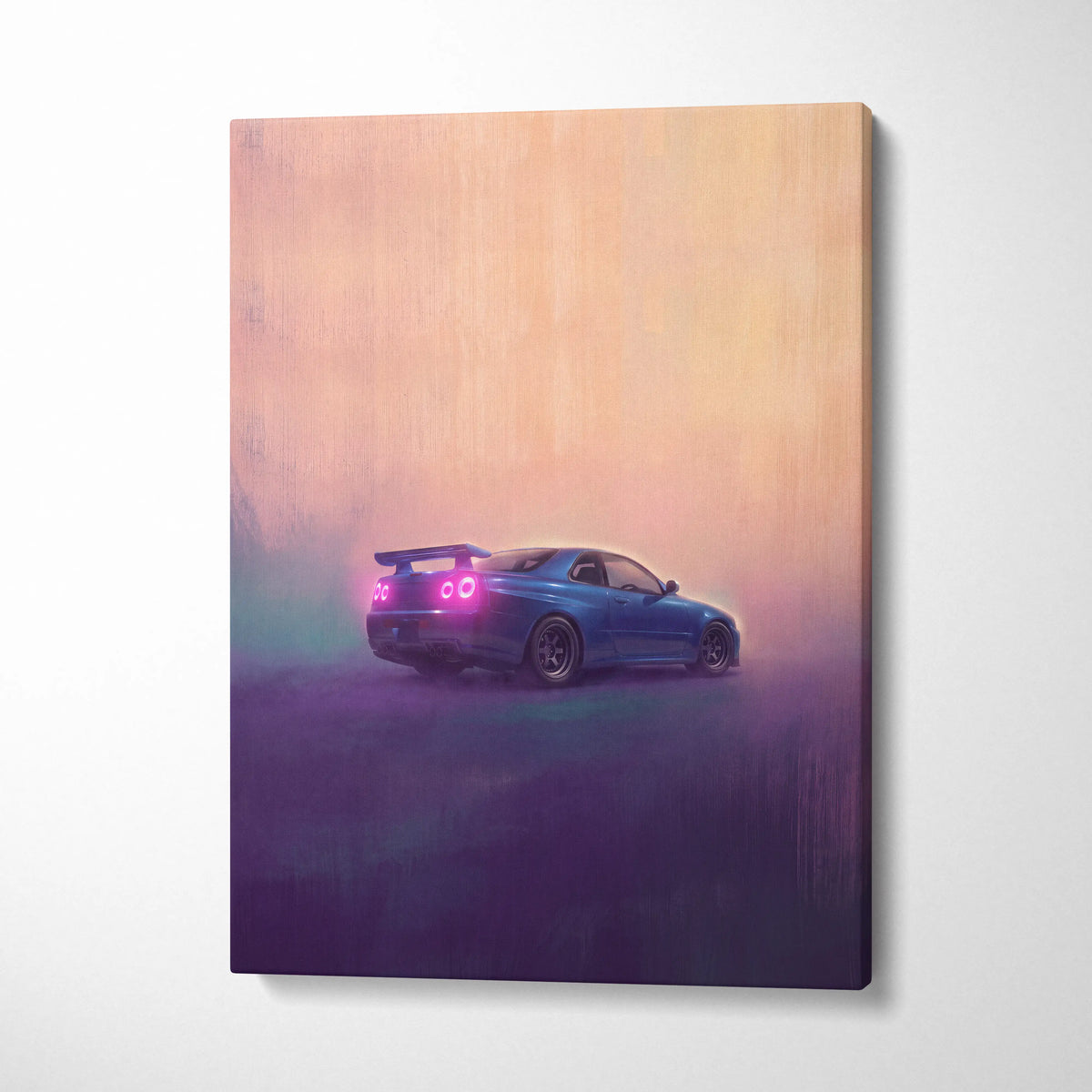 Blue nissan skyline r34 sports car with glowing pink taillights on a stylized canvas print wall art product