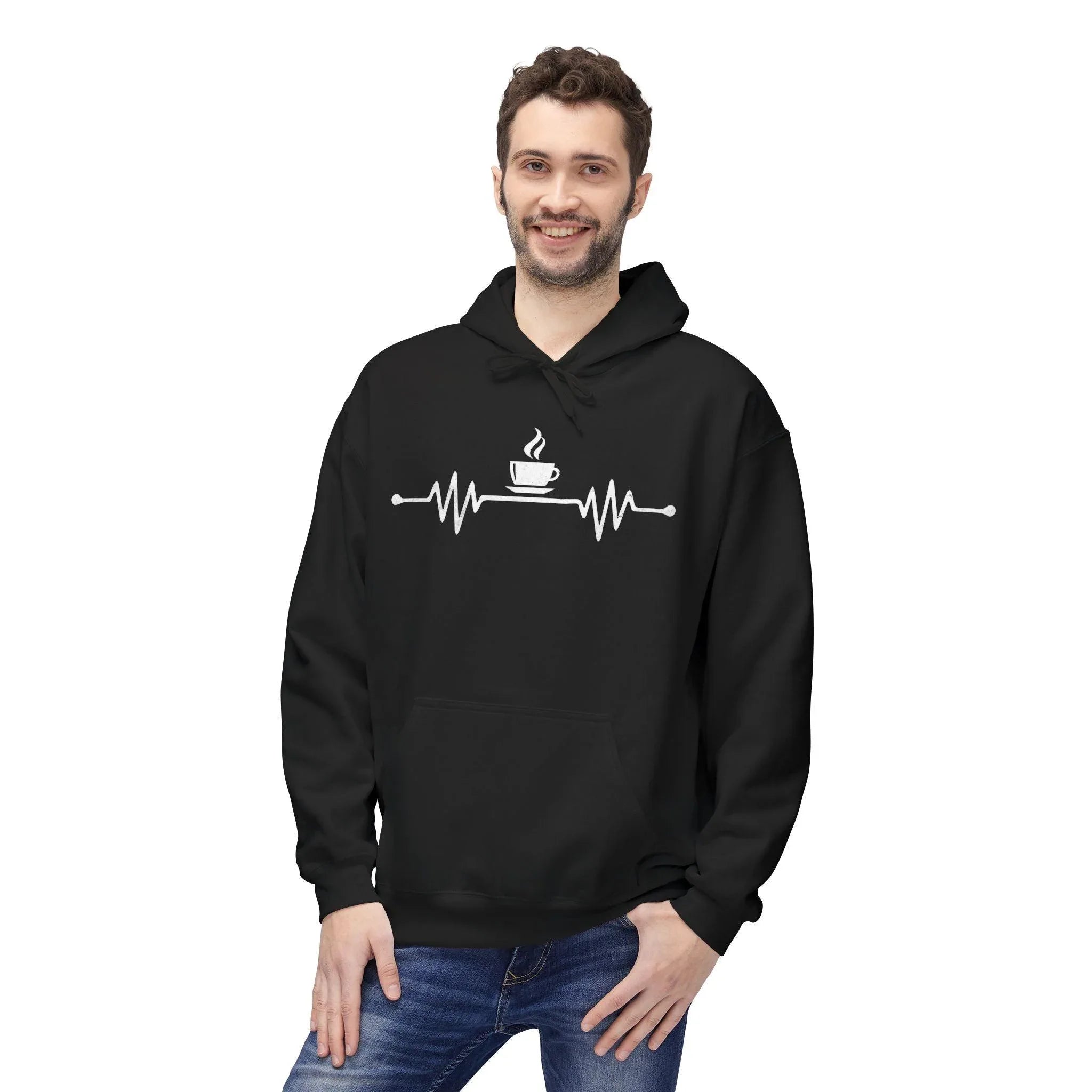 Cozy Coffee Lover's Fleece Hoodie – Heartbeat Design for Ultimate Comfort