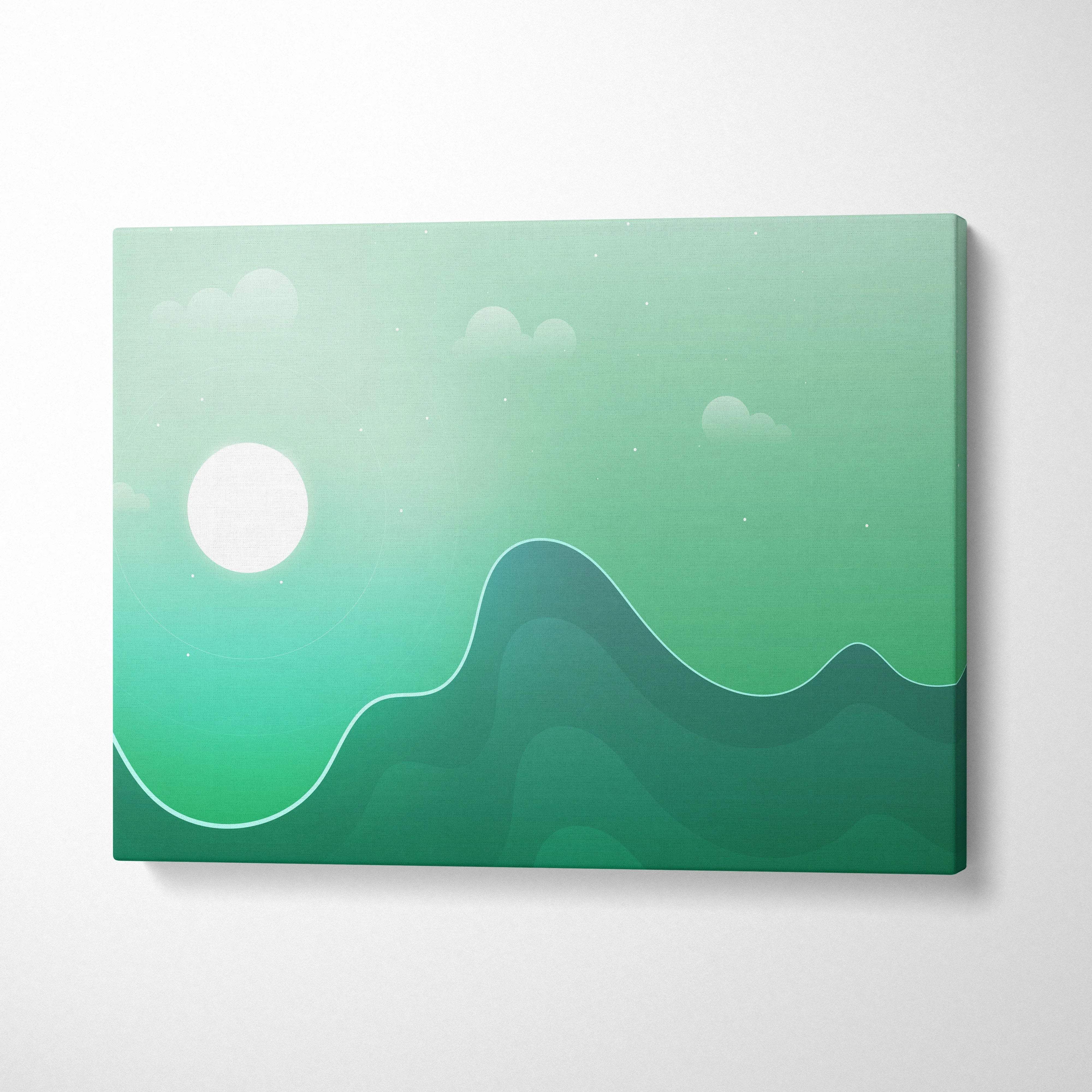 Minimalist emerald hills at dawn canvas print with green gradient and misty sun