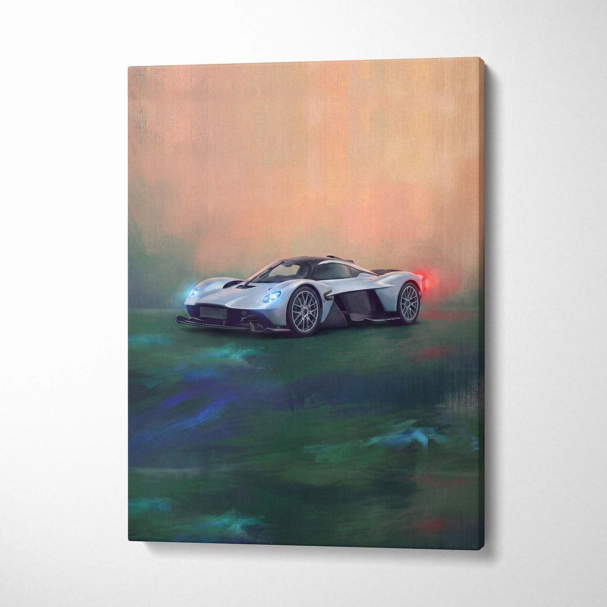 Silver and black aston martin valkyrie sports car stylized on a painterly canvas print wall art track edition