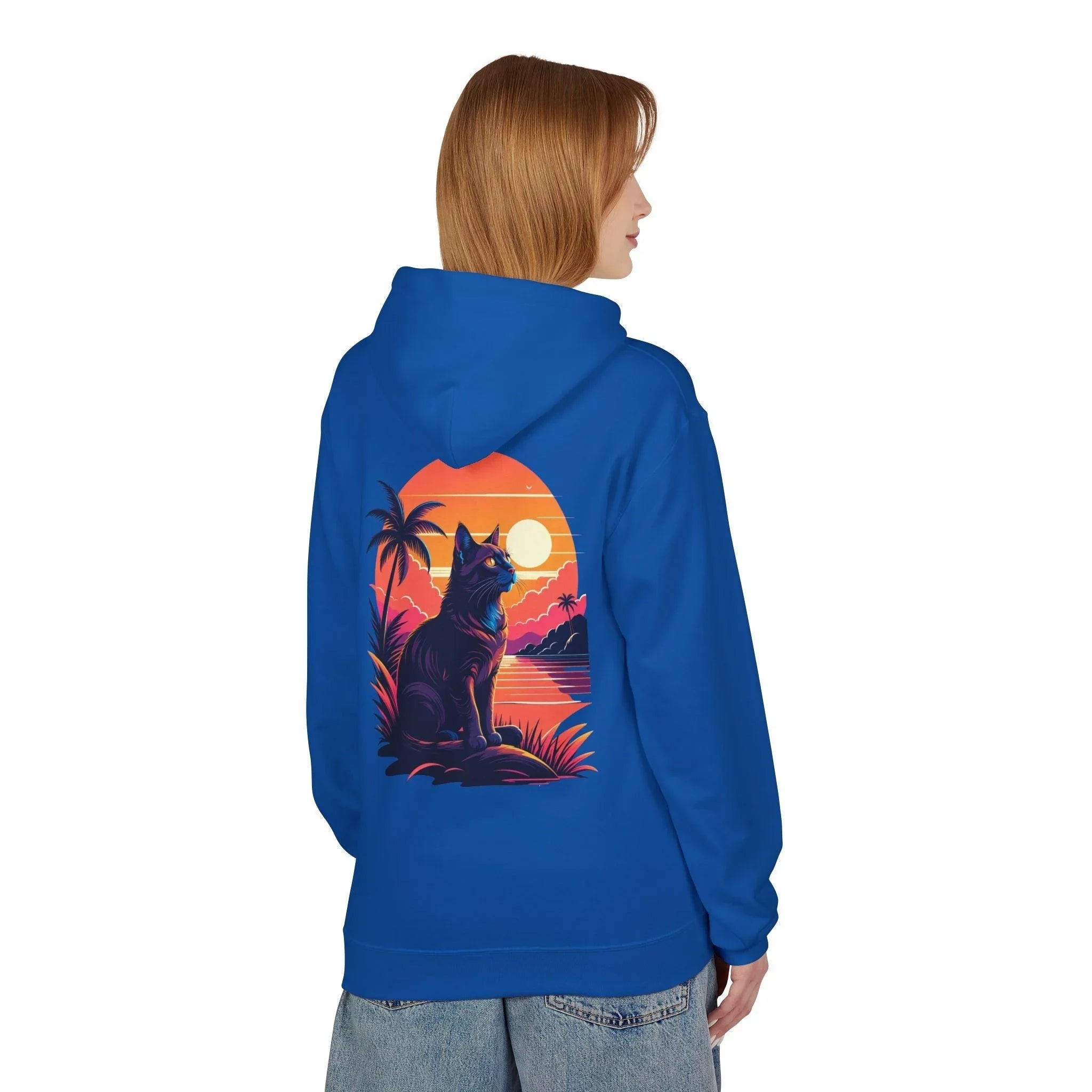 Cozy Cat Lover's Retro Sunset Fleece Hoodie