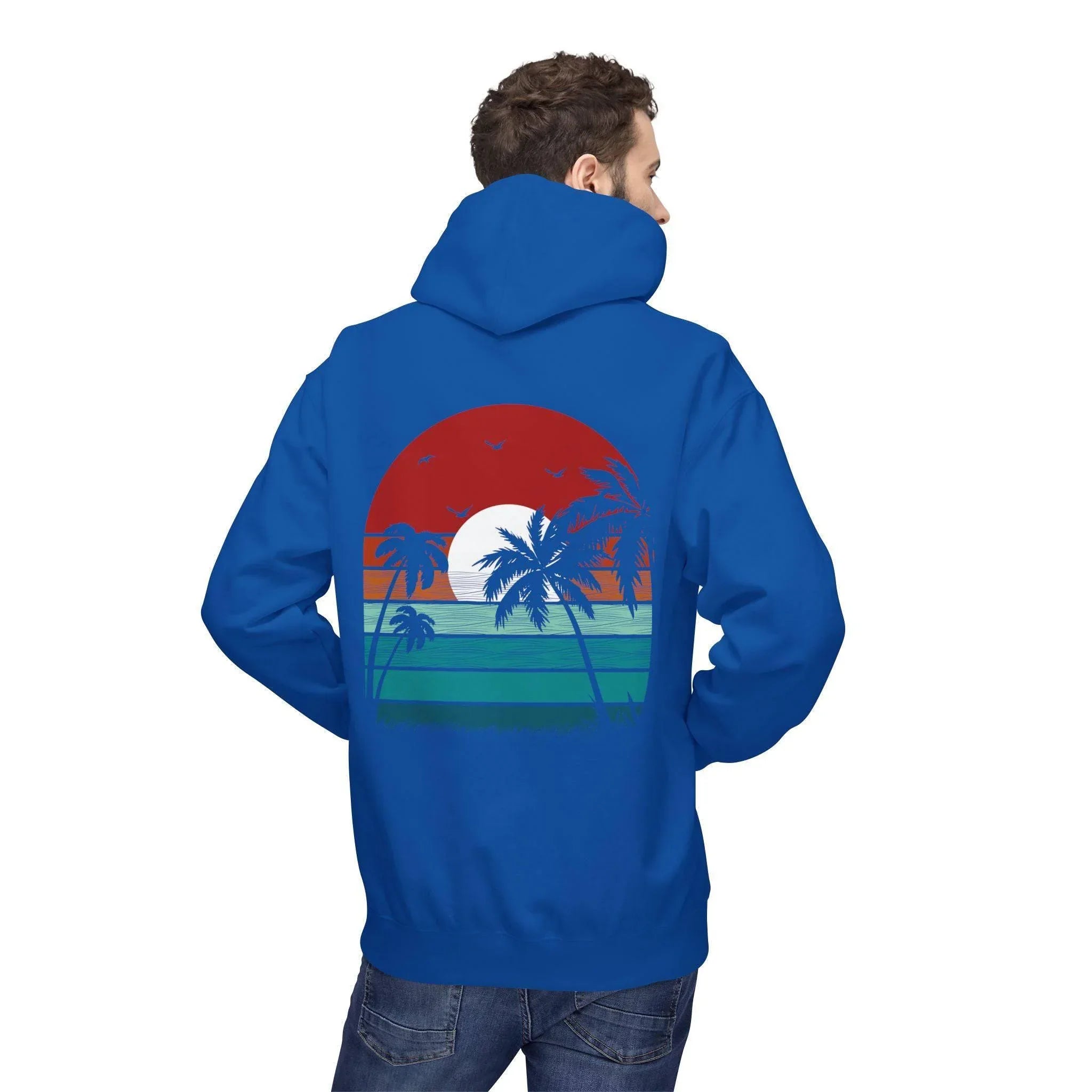 Cozy Retro Palm Tree Sunset Fleece Pullover Hoodie for Ultimate Comfort