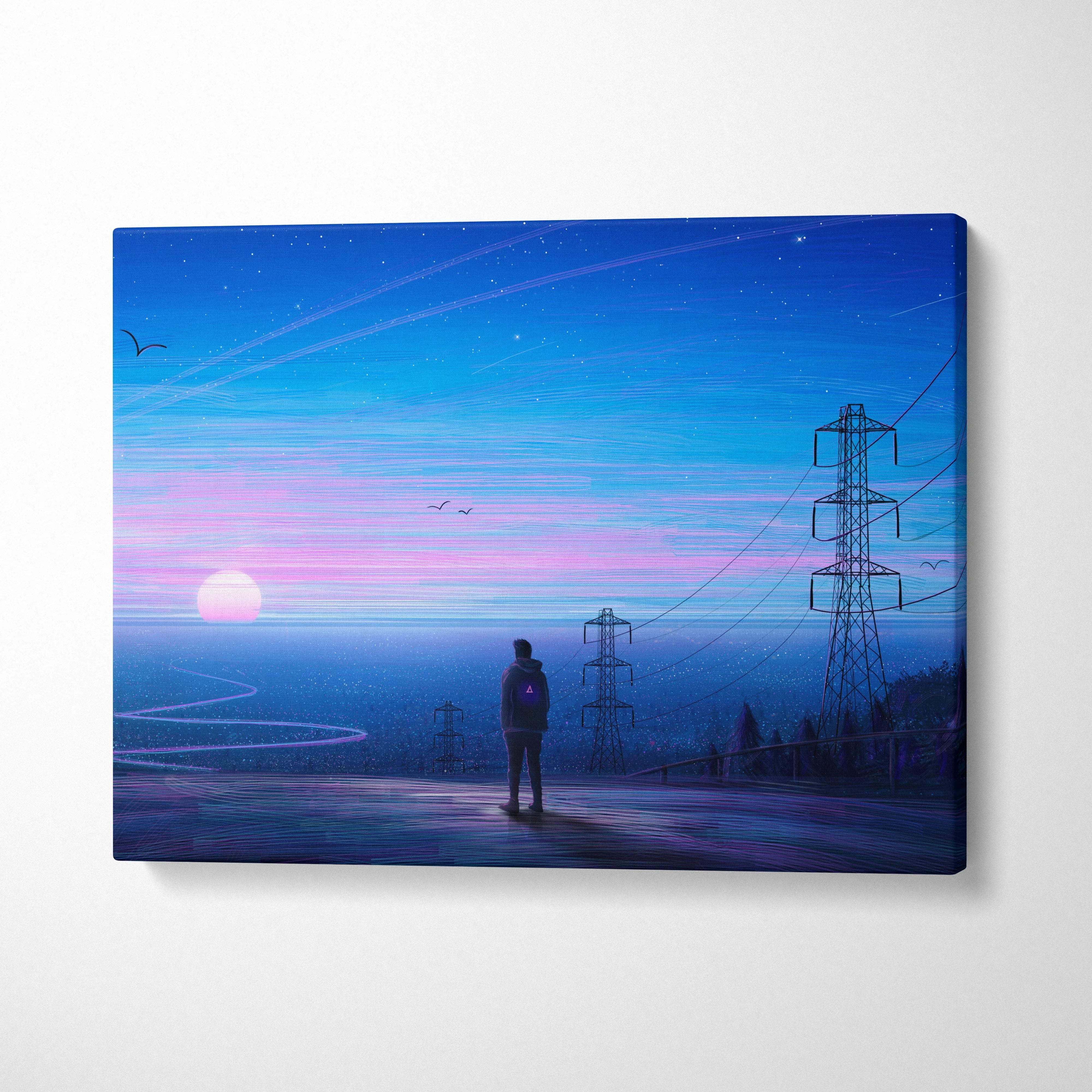 Cinematic synthwave solitary figure at neon dusk with power lines canvas art