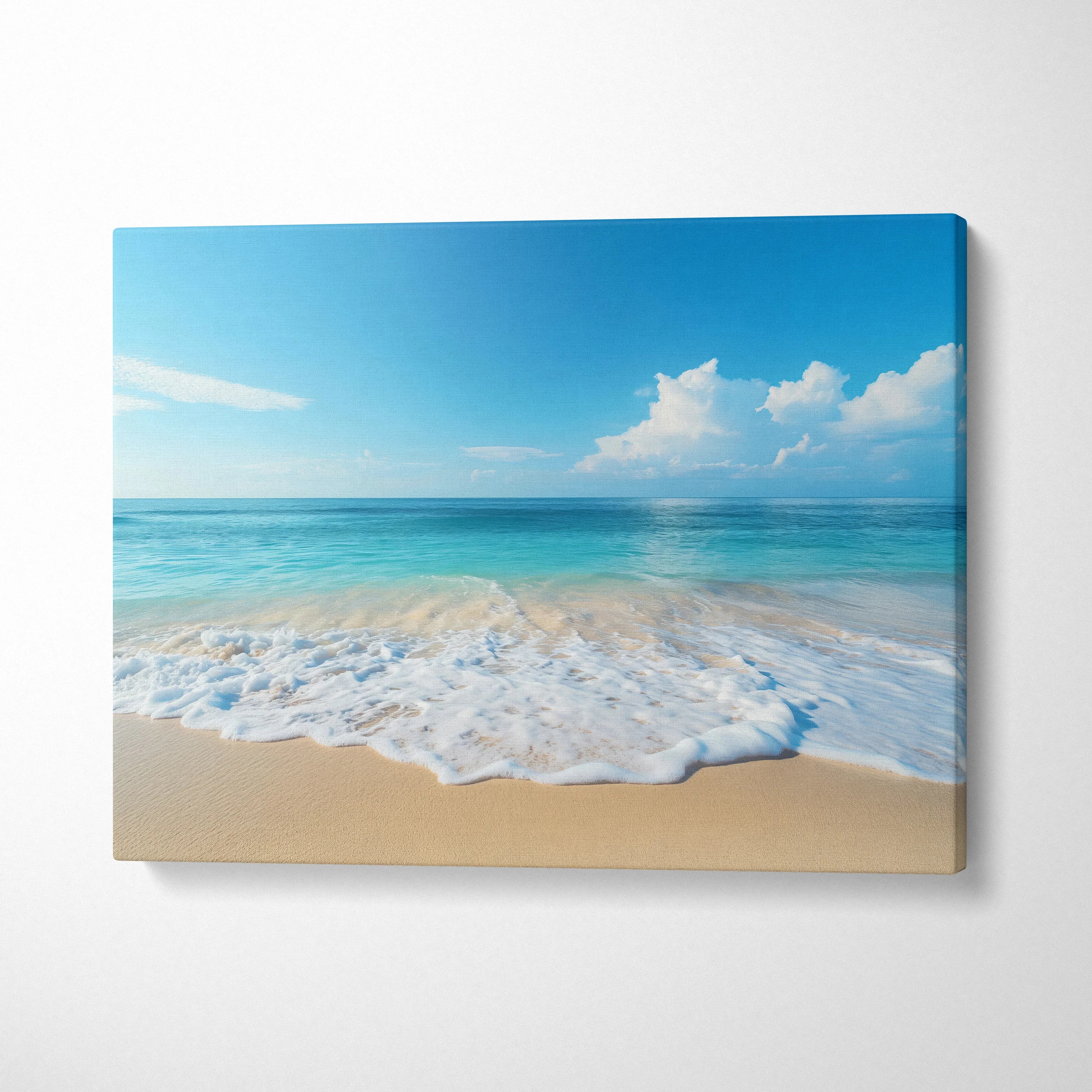 Canvas wall art featuring calm sandy beach waves under a bright blue sky with white clouds.
