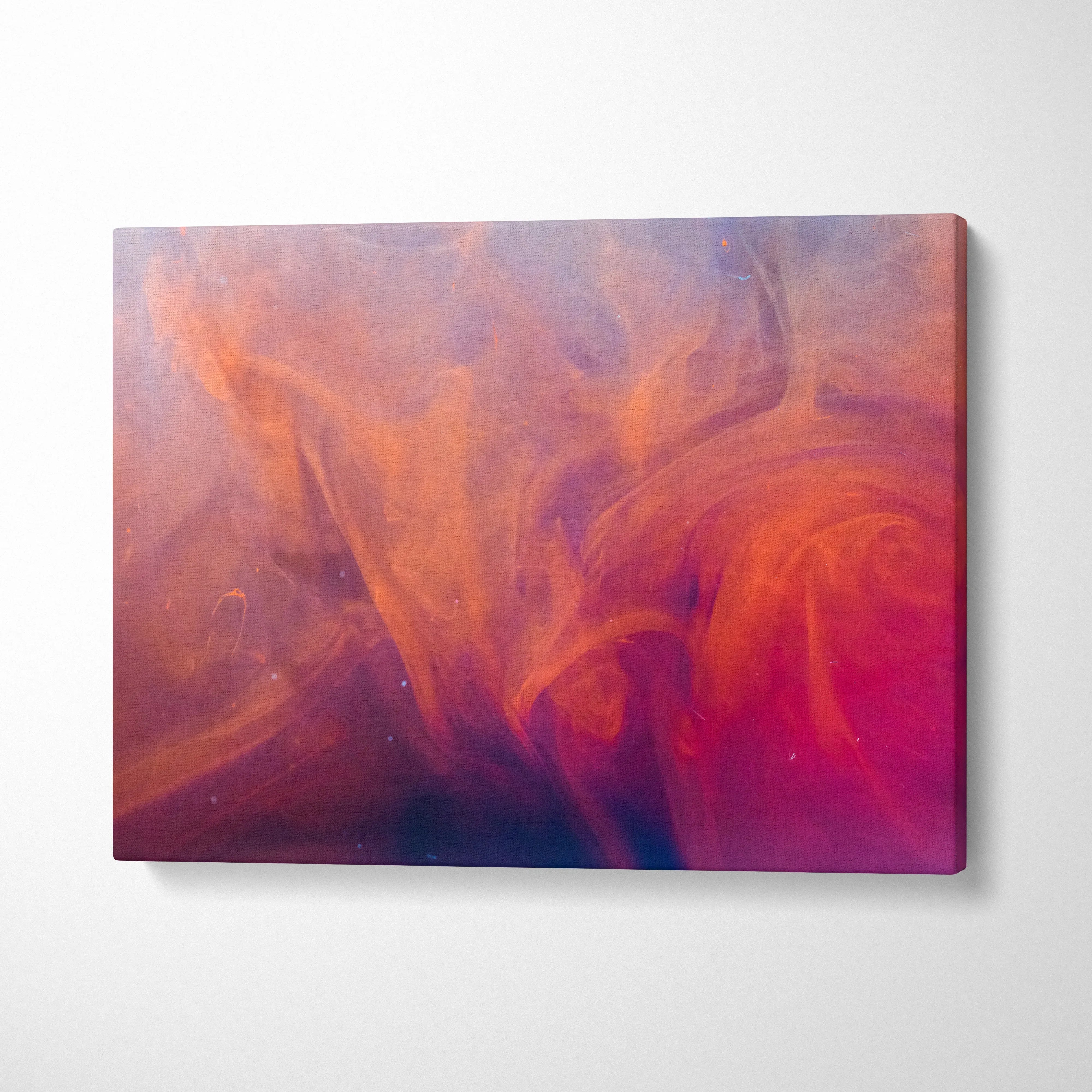 Vibrant abstract digital canvas art with swirling orange and purple hues on wall art canvas.