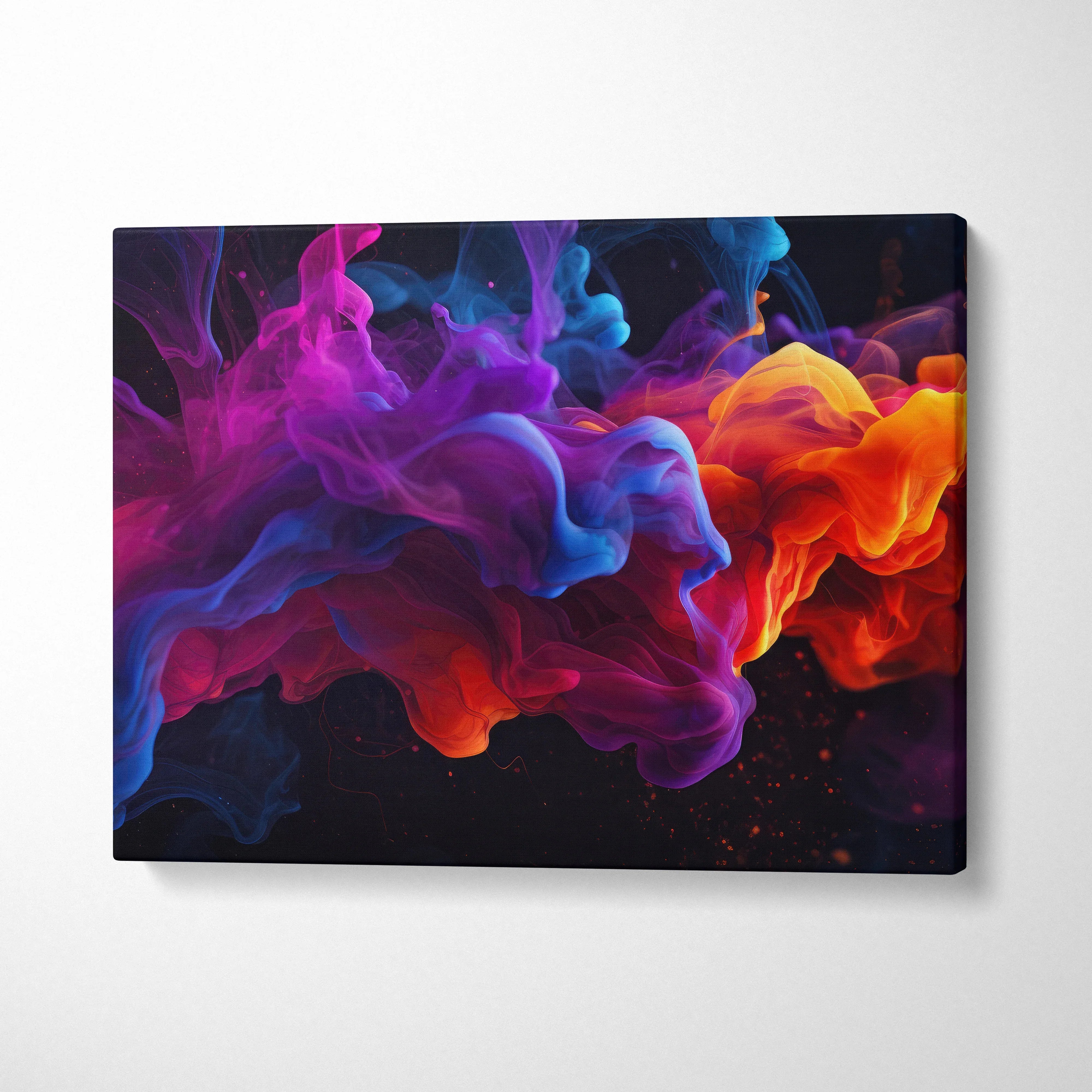 Abstract digital canvas wall art with vibrant purple, blue, and orange swirling smoke design.