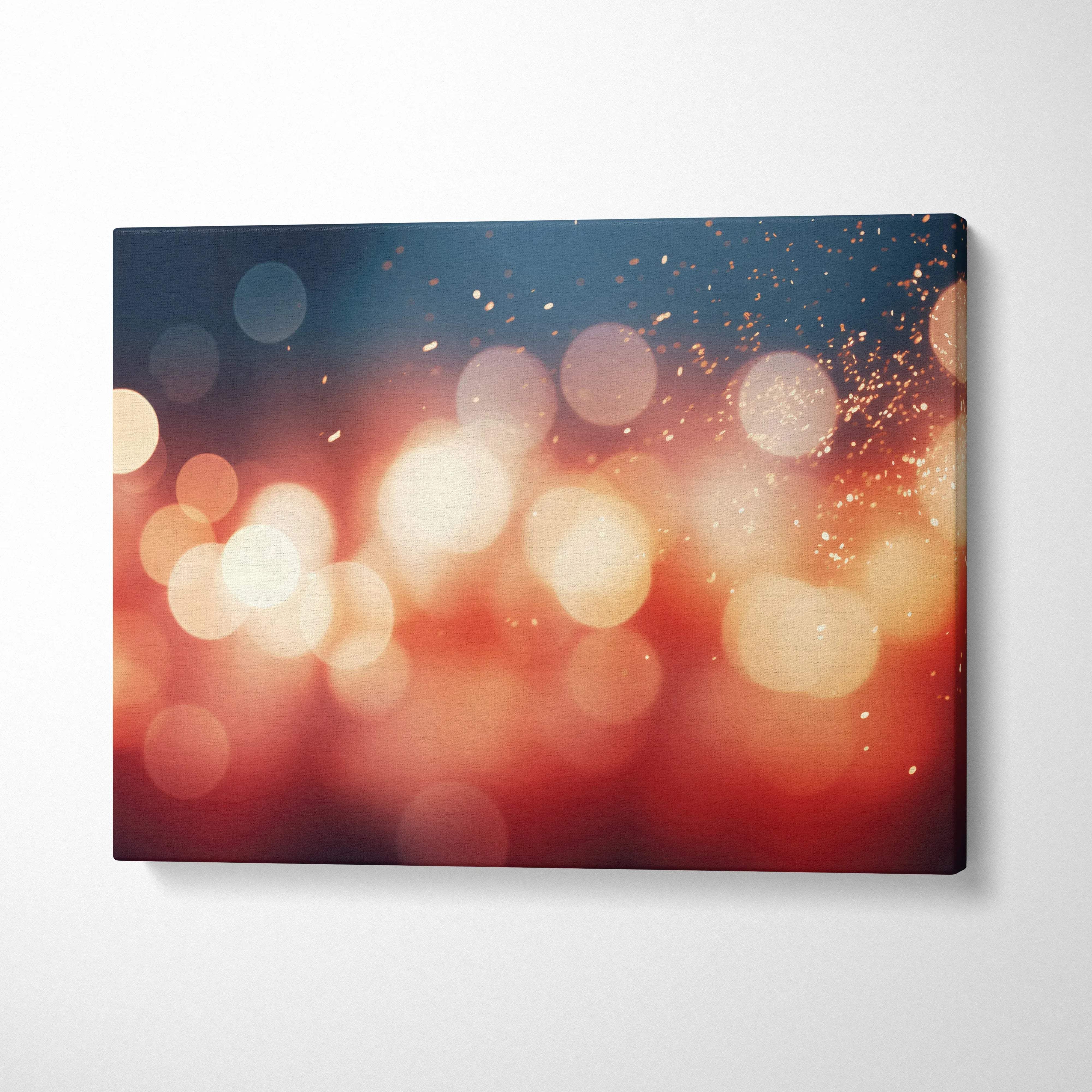 Abstract digital canvas wall art with glowing orange and blue bokeh lights and sparkles.