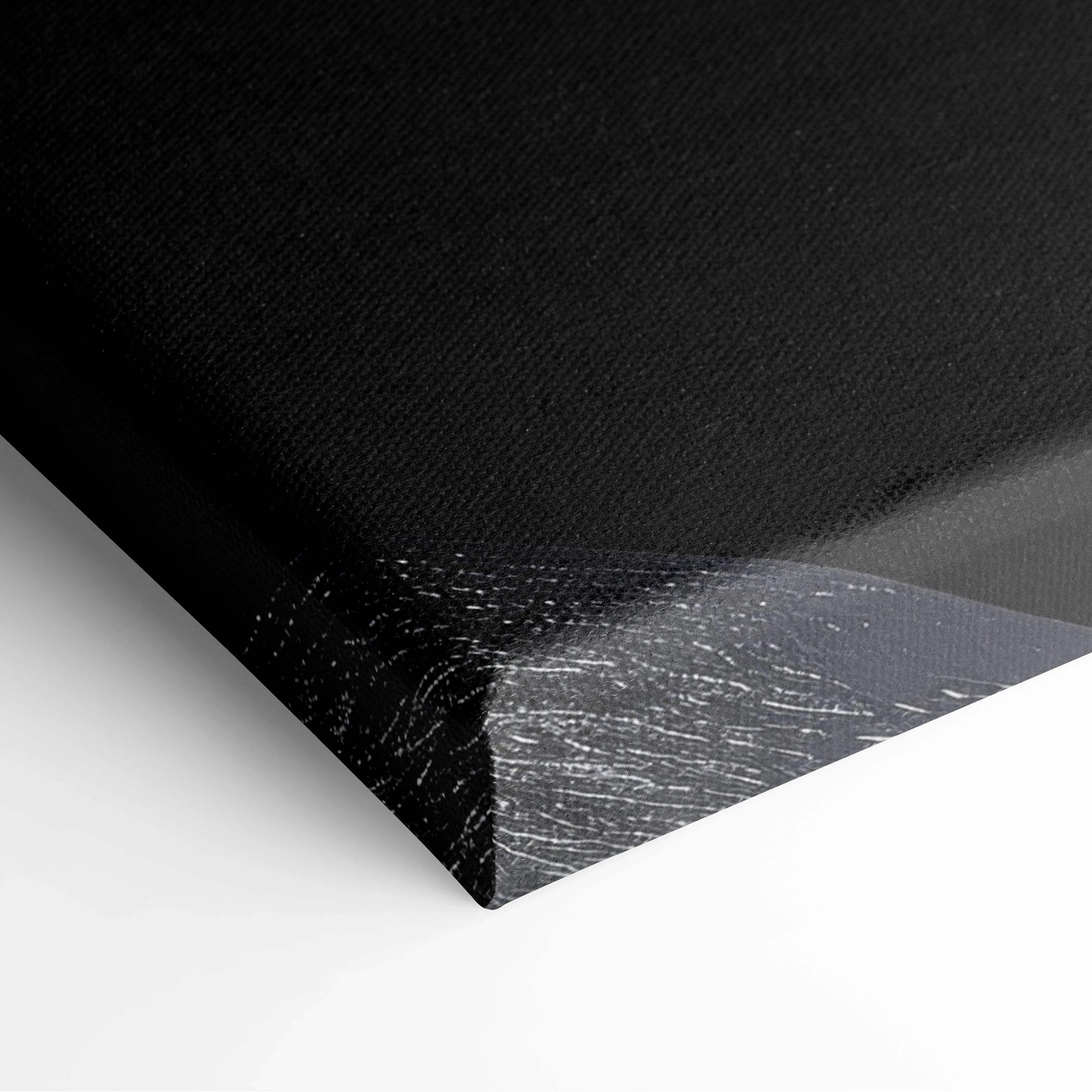 Black canvas print with textured surface and subtle white crackle edge in minimalist abstract city skyline wall art