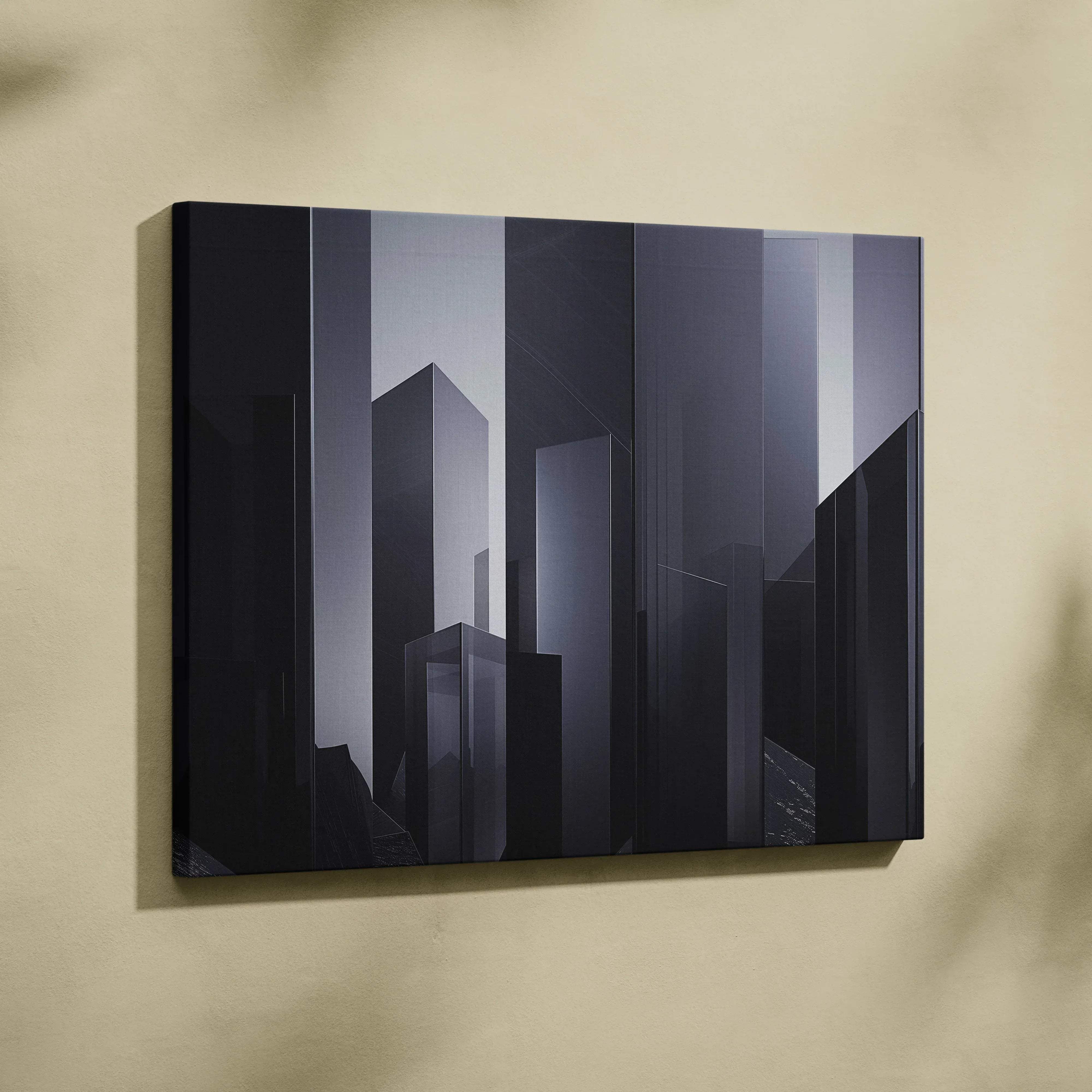 Minimalist abstract city skyline canvas wall art featuring black and gray modern skyscraper silhouettes for interiors