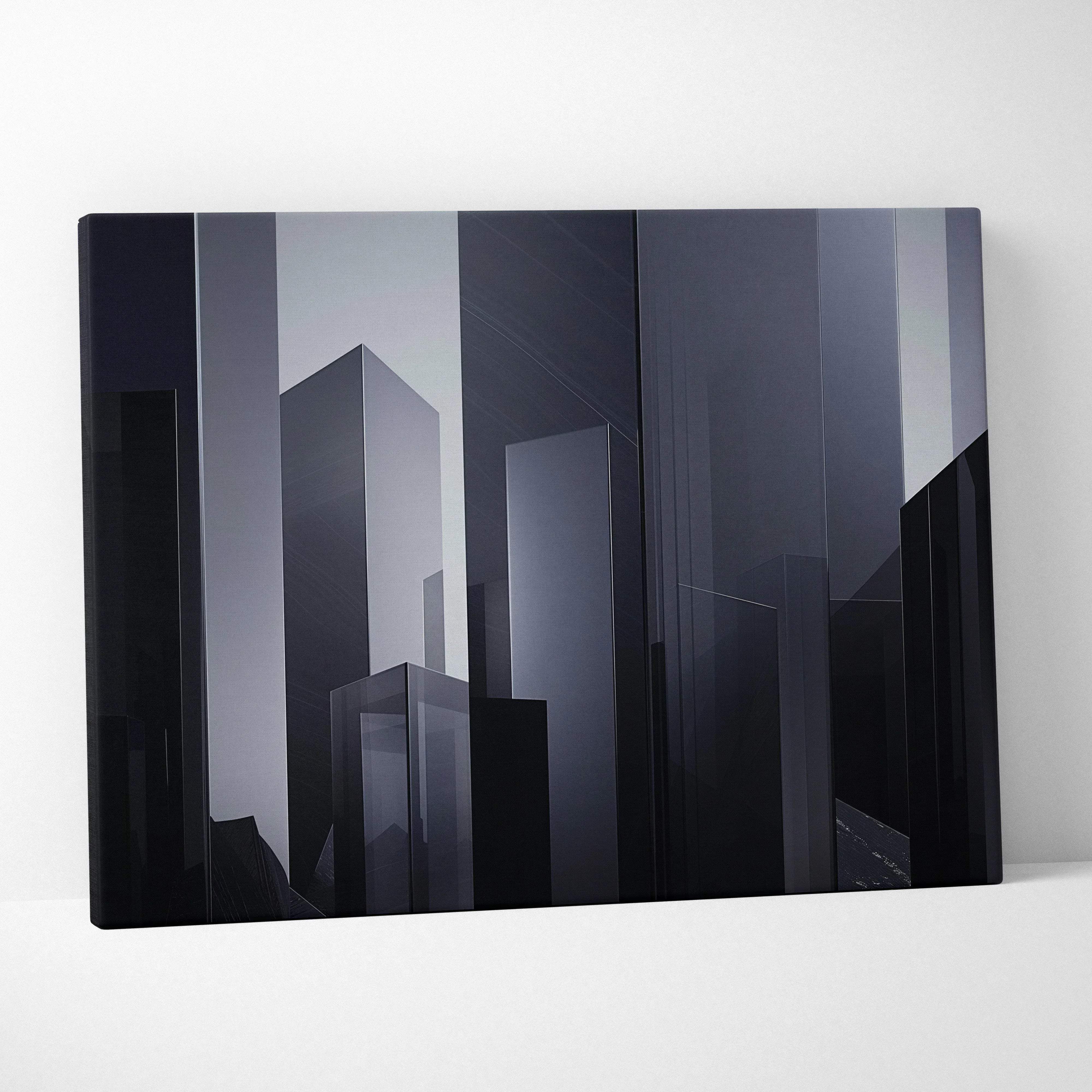 Minimalist abstract city skyline canvas wall art in black gray and moody blues for modern interior decor