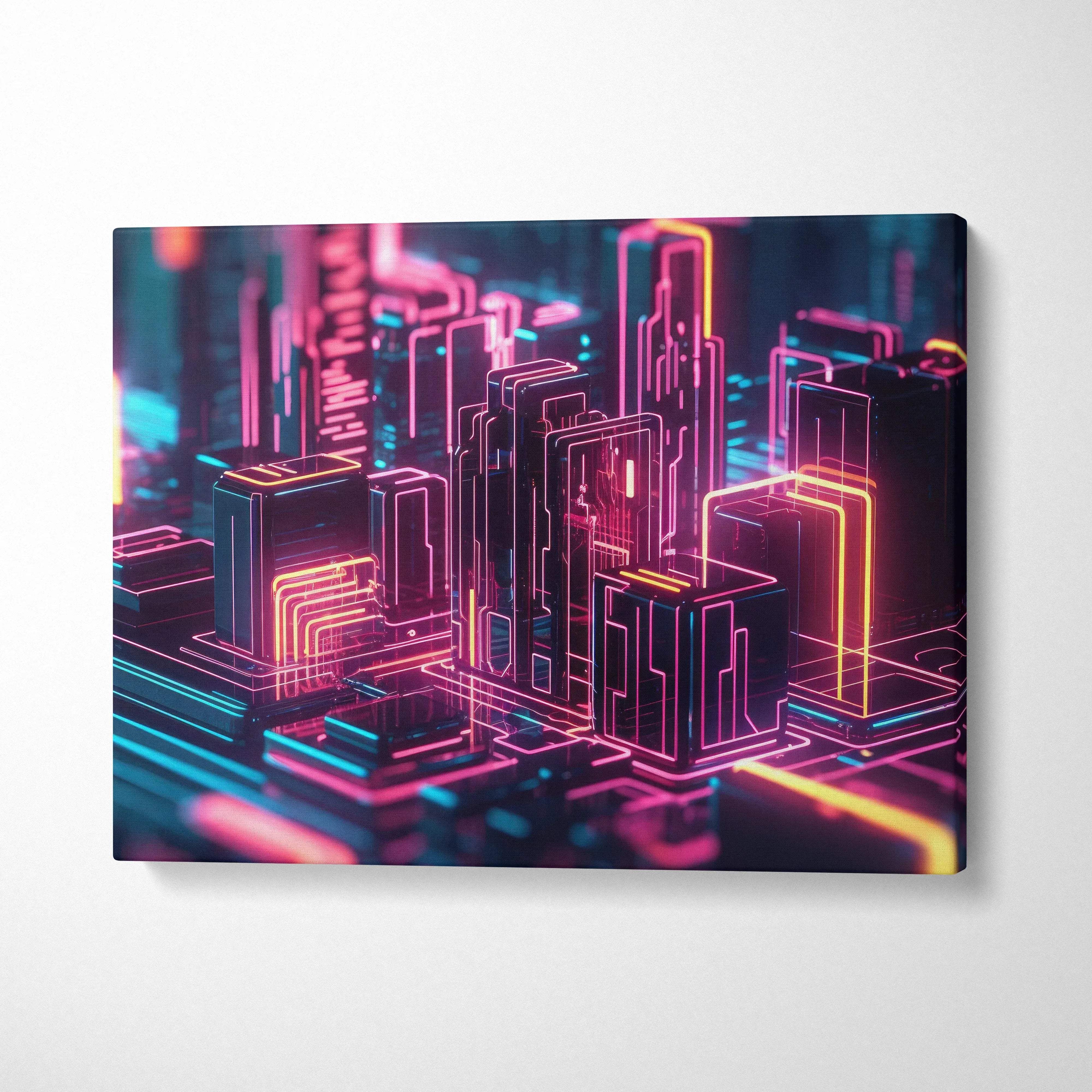 Modern abstract digital cityscape canvas art with neon pink, blue, and orange lines on dark background wall art.