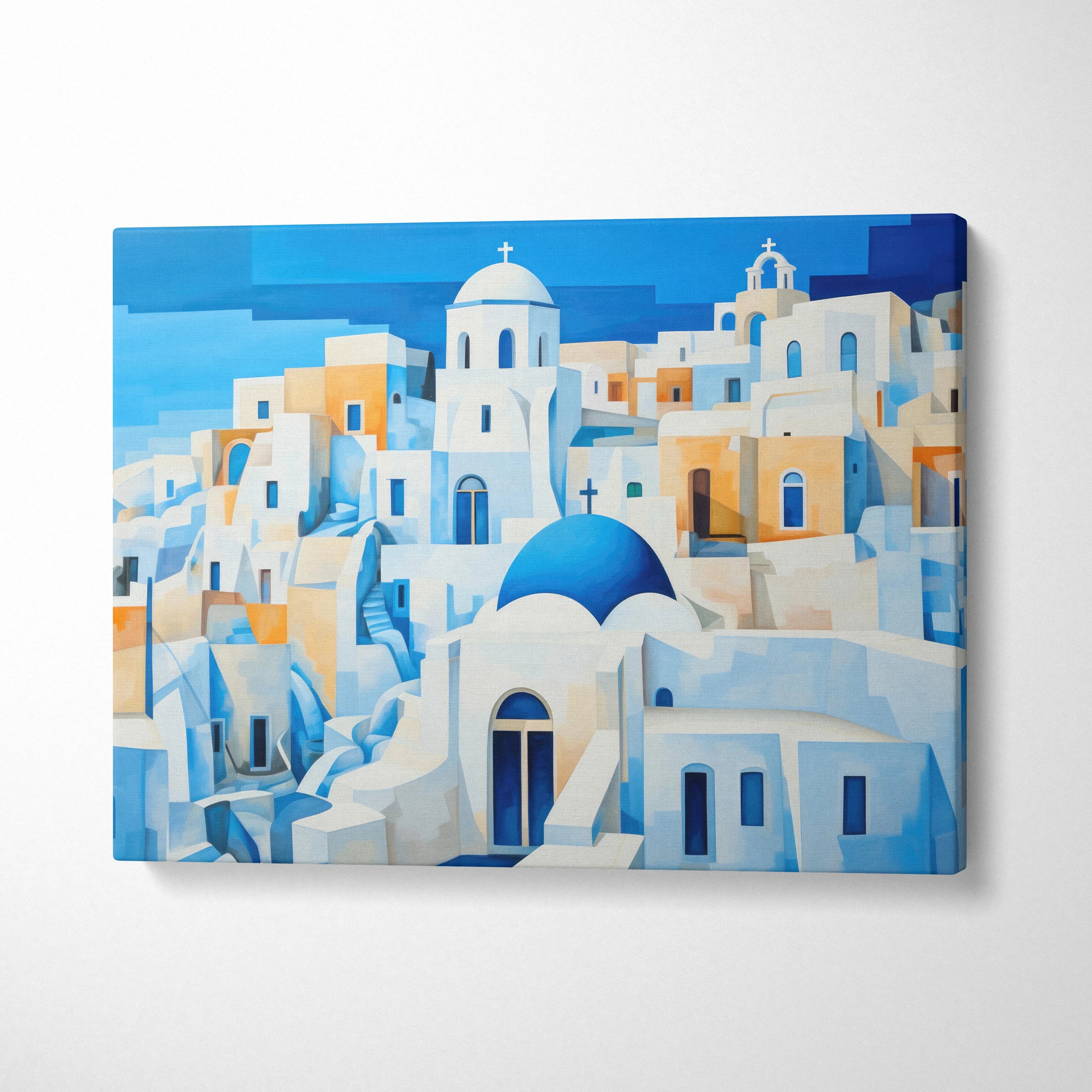Abstract cityscape canvas art featuring white buildings with blue domes under a bright blue sky wall art.