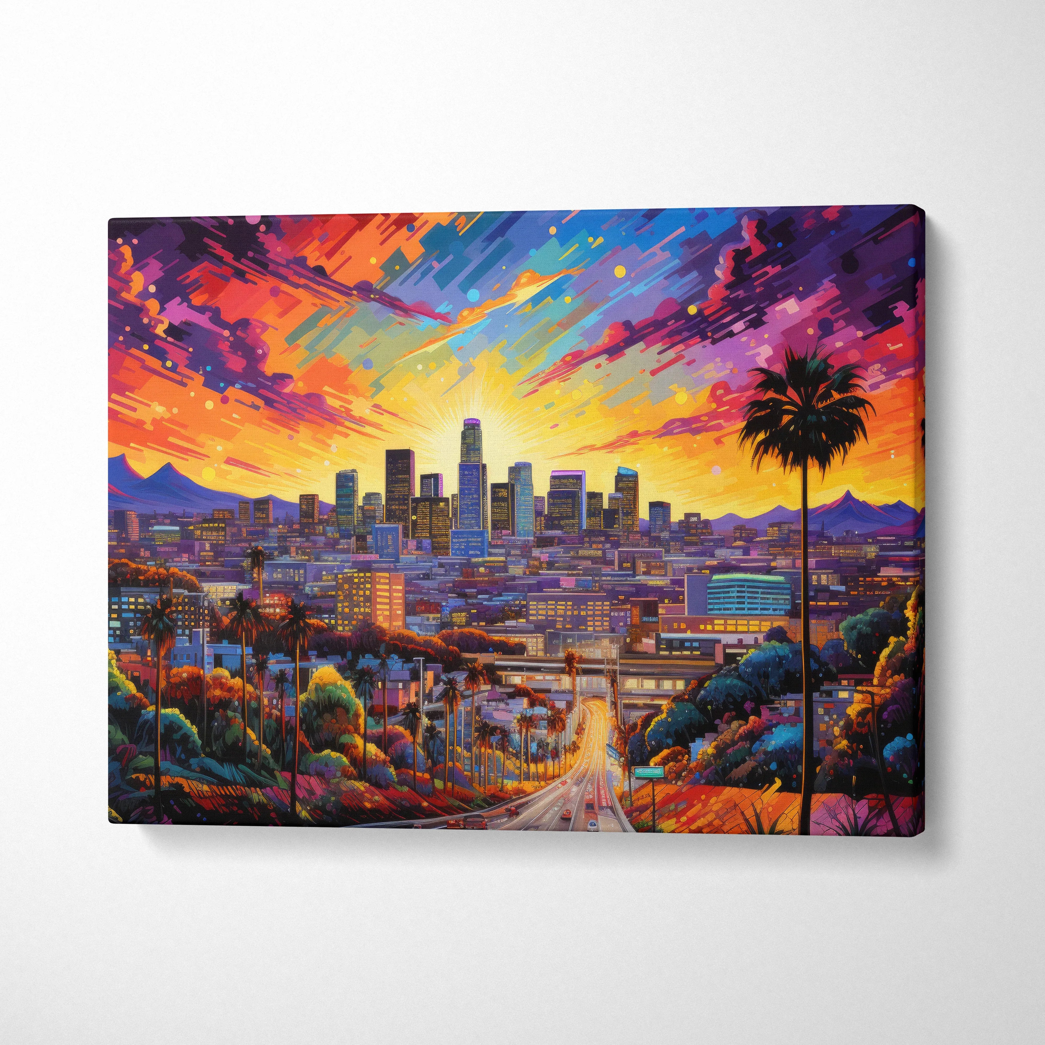 Colorful modern abstract digital art of Los Angeles city skyline at sunset wall art canvas.