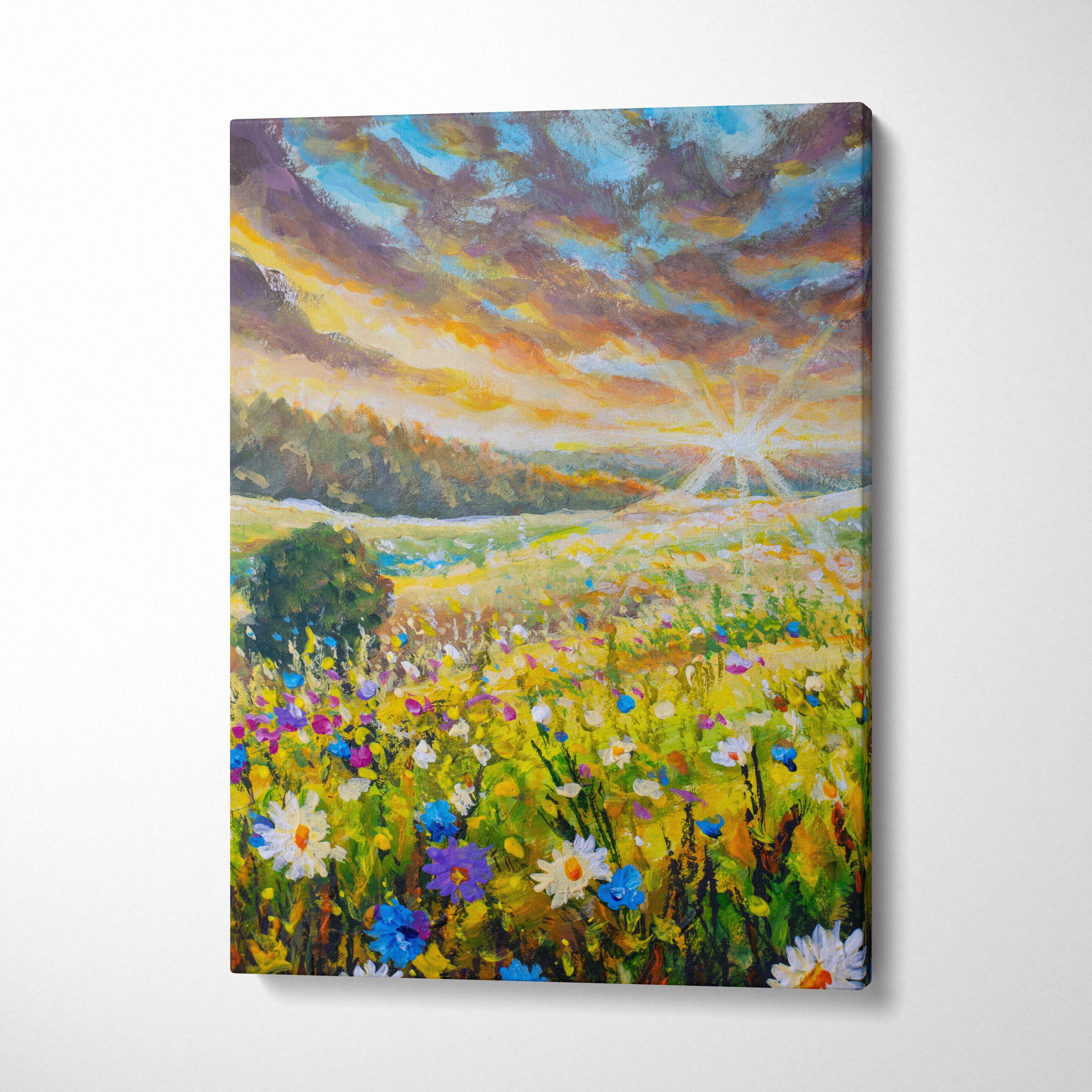Vibrant impressionist canvas wall art featuring a sunlit wildflower meadow under a dramatic colorful sky