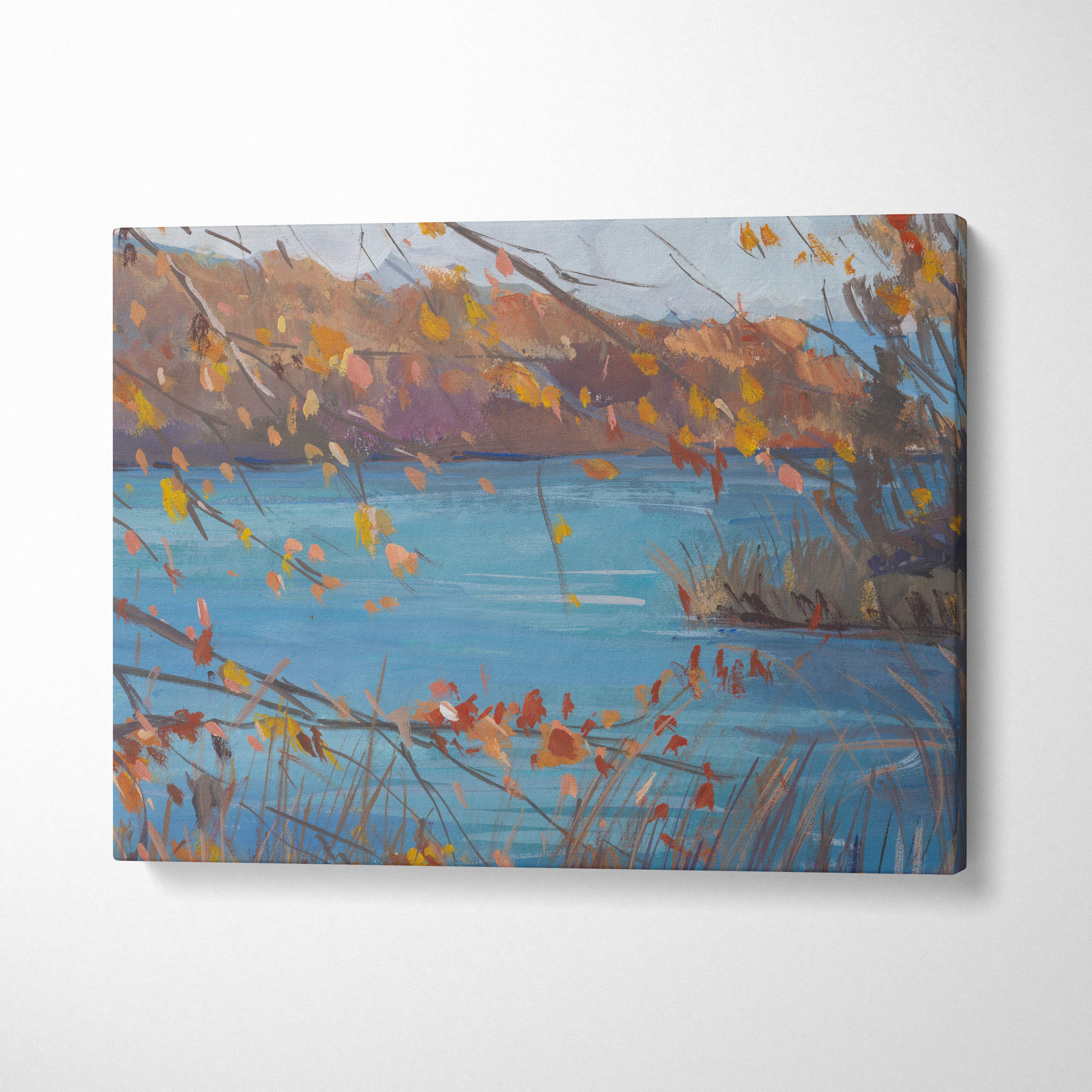 Rectangular canvas print of an impressionistic autumn scene with a blue lake and orange yellow leaves in nature wall art