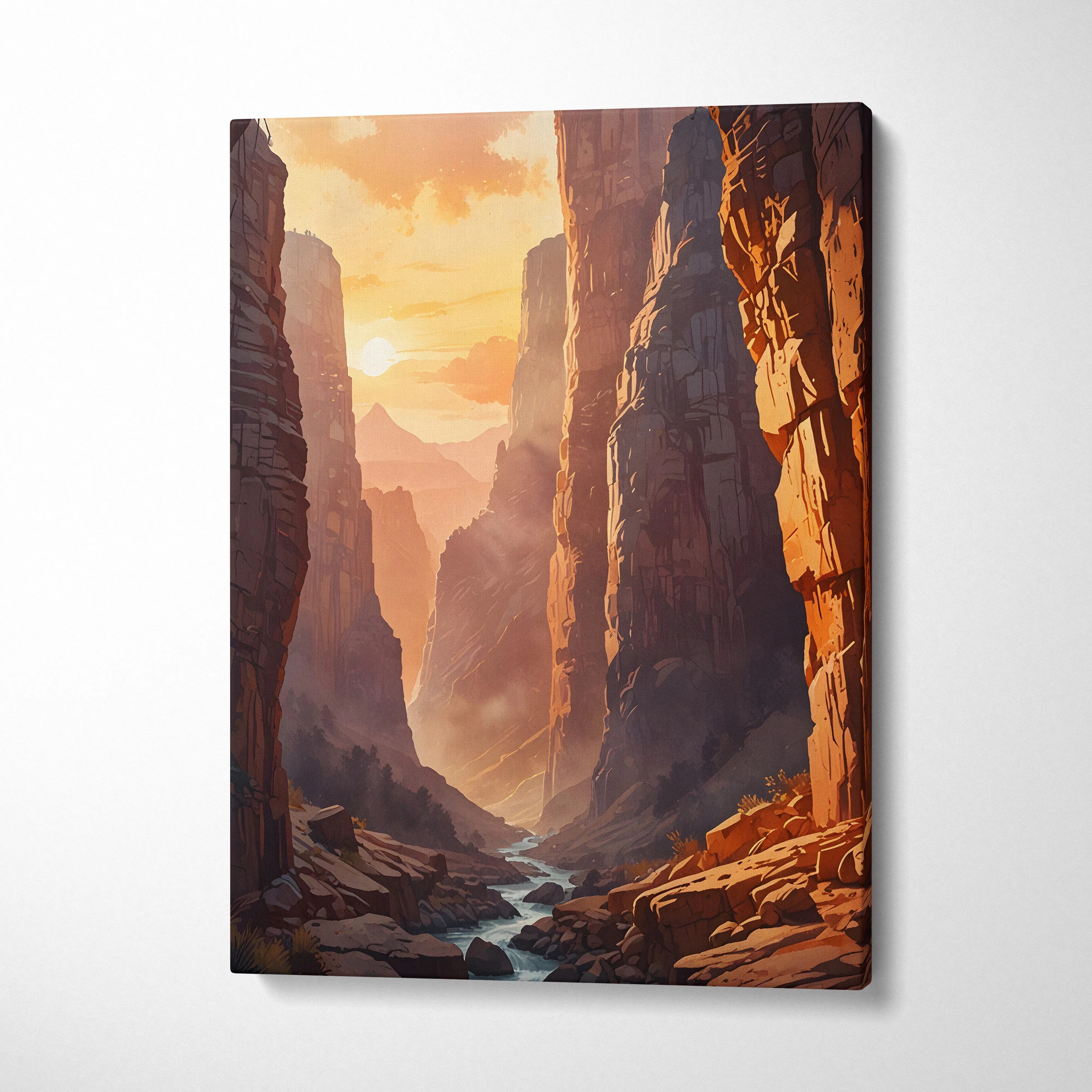 Canvas wall art depicting a serene canyon scene with warm sunset hues and a winding river.