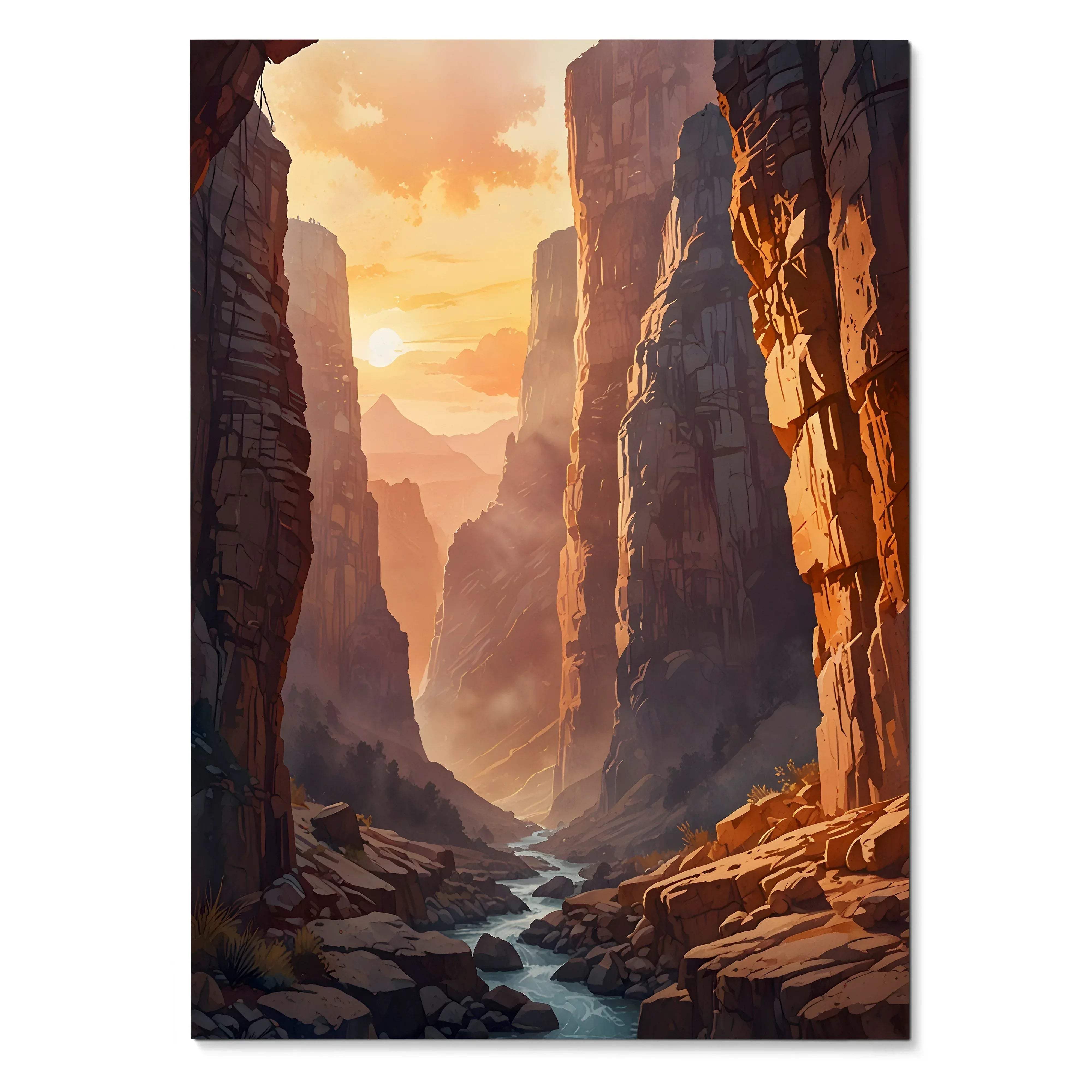 Vertical nature wall art poster featuring a winding river through rocky canyon at sunset.