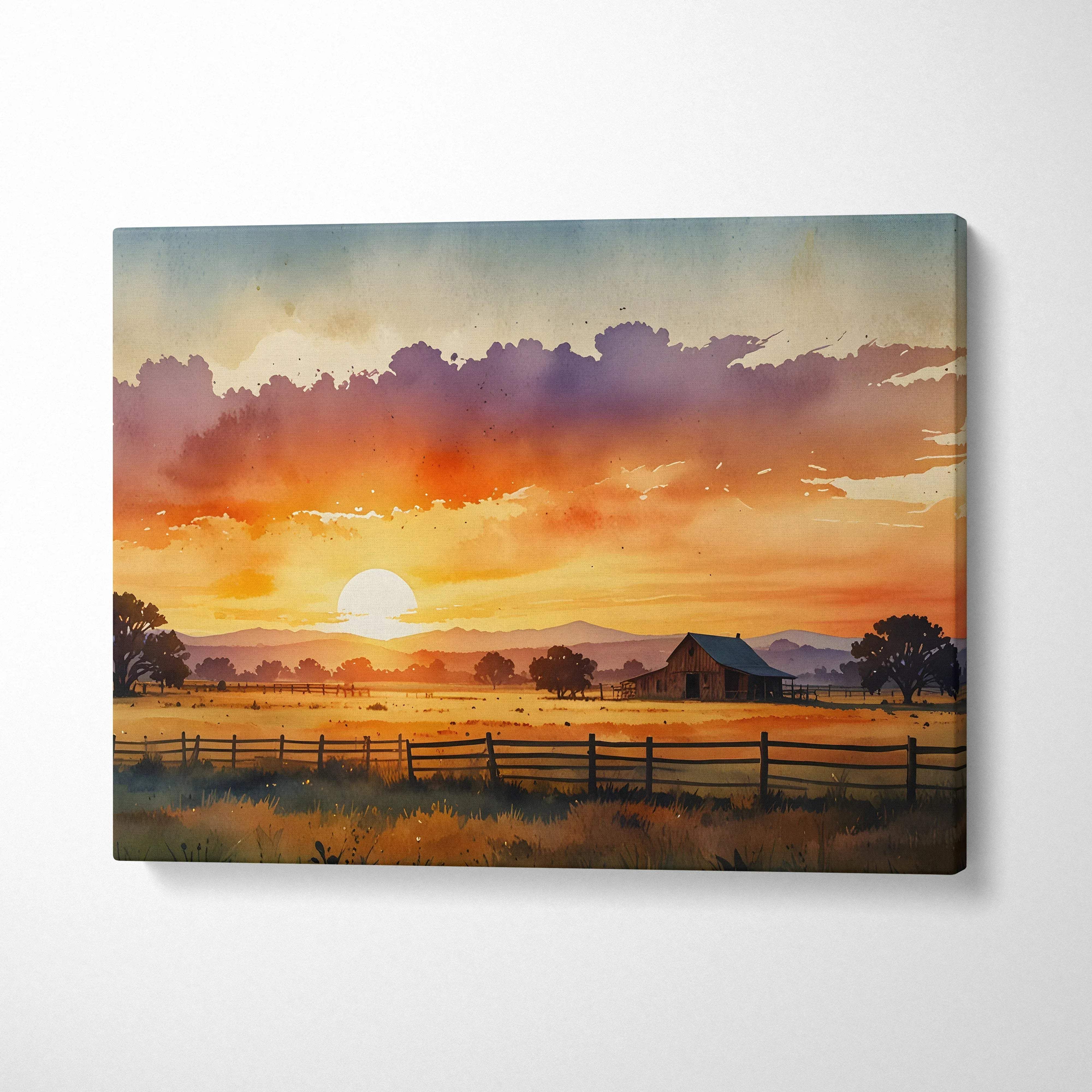 Sunset watercolor style nature scene on canvas wall art with warm orange and purple sky tones.