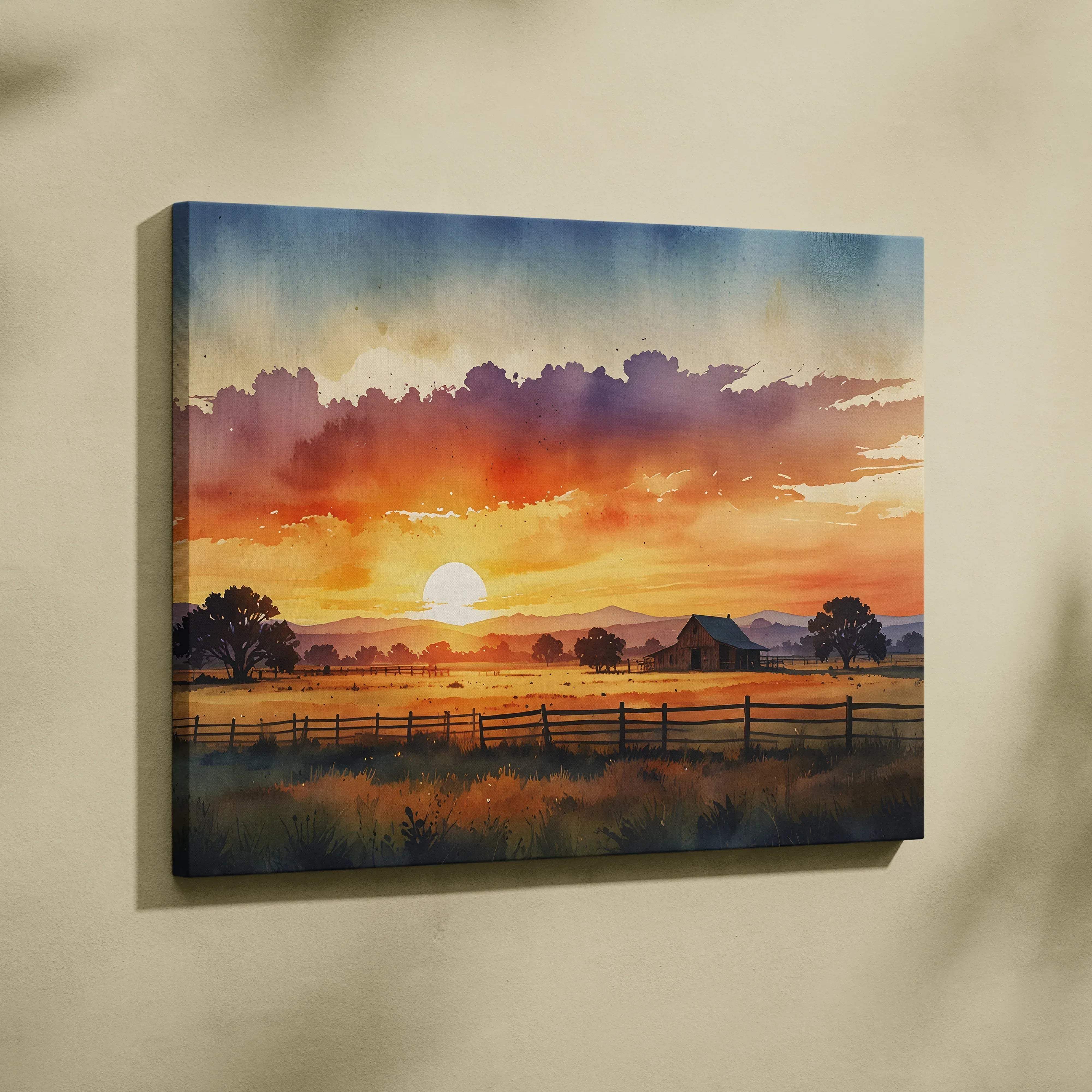 Watercolor sunset landscape canvas wall art with warm orange purple skies rustic barn fence and fields for nature decor