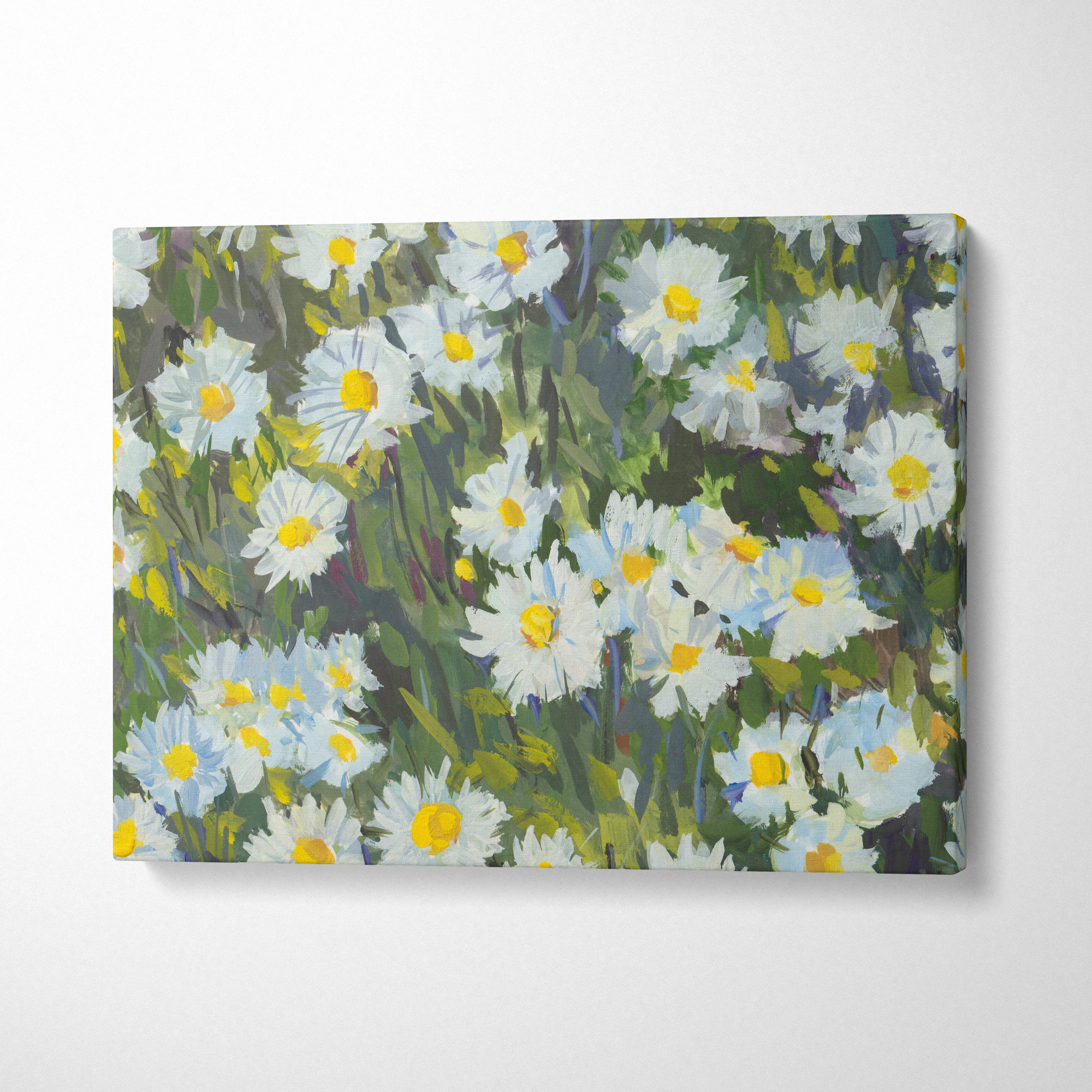 Rectangular white daisy flower canvas print with bright yellow centers and green foliage in impressionist style wall art