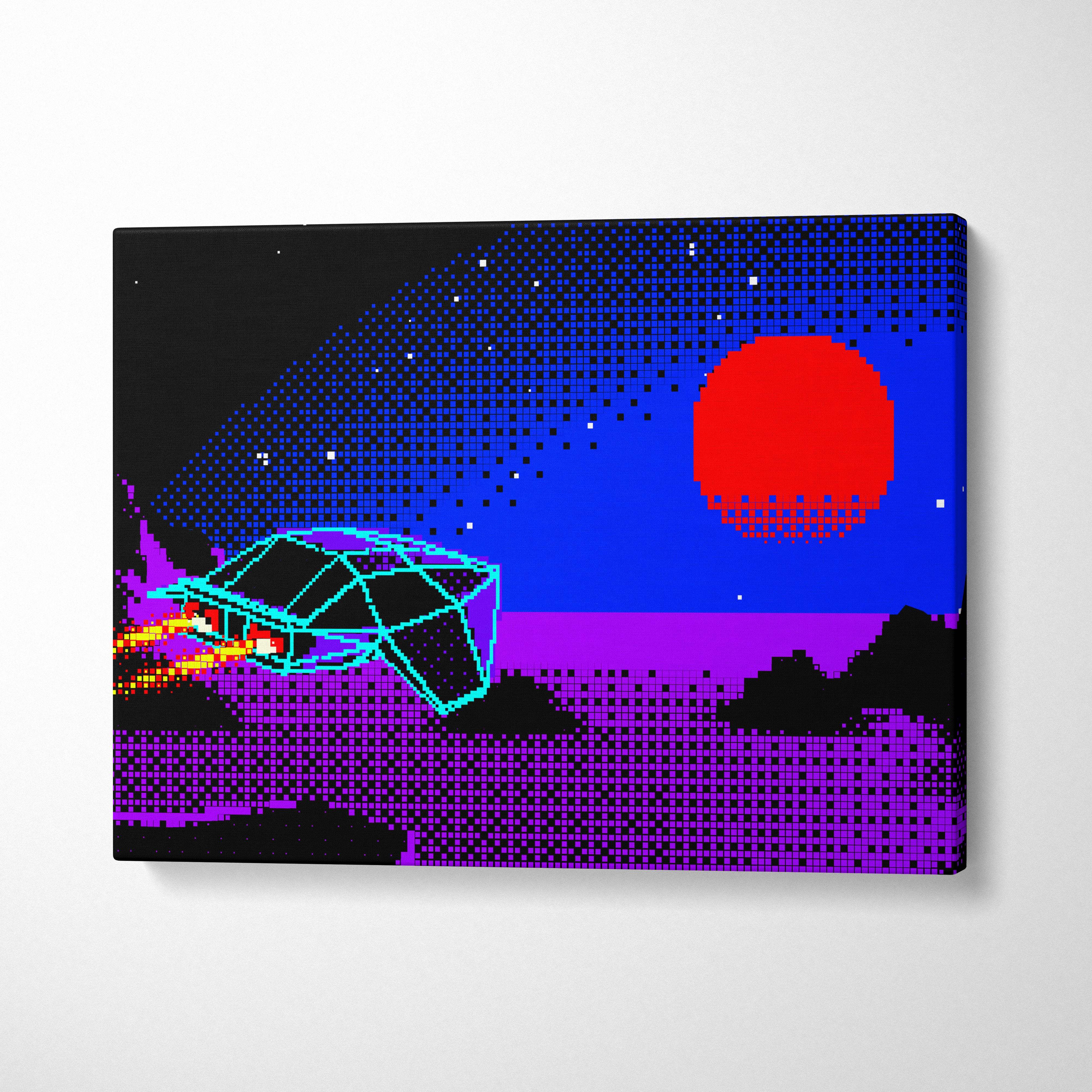 Vaporwave pixel art canvas print featuring a retro-futuristic blue spaceship with neon accents against a purple synthwave sunset