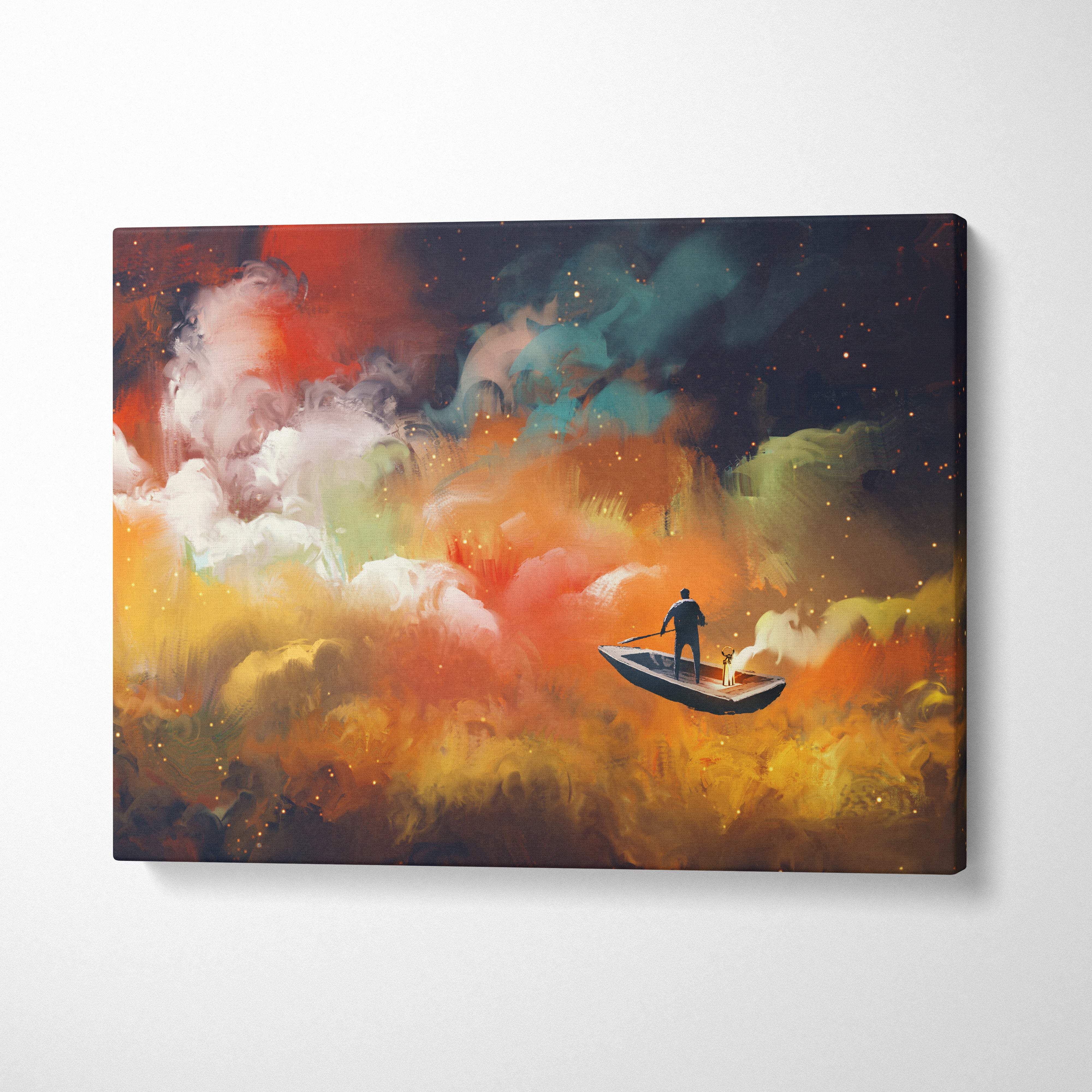 Rectangular canvas print of a lone figure on a boat amid vibrant orange red and teal galaxy clouds in a dark starry sky