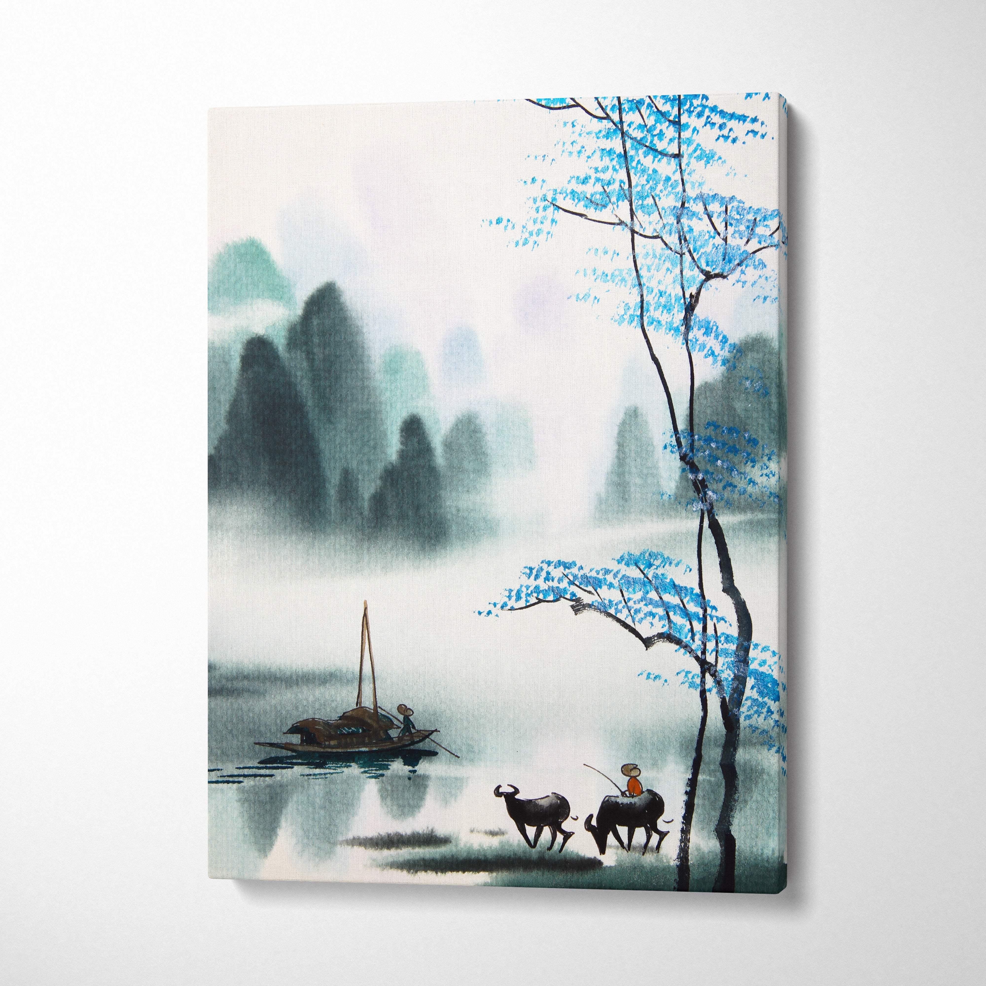 Rectangular canvas wall art featuring a blue asian landscape with misty mountains and figures with oxen by water