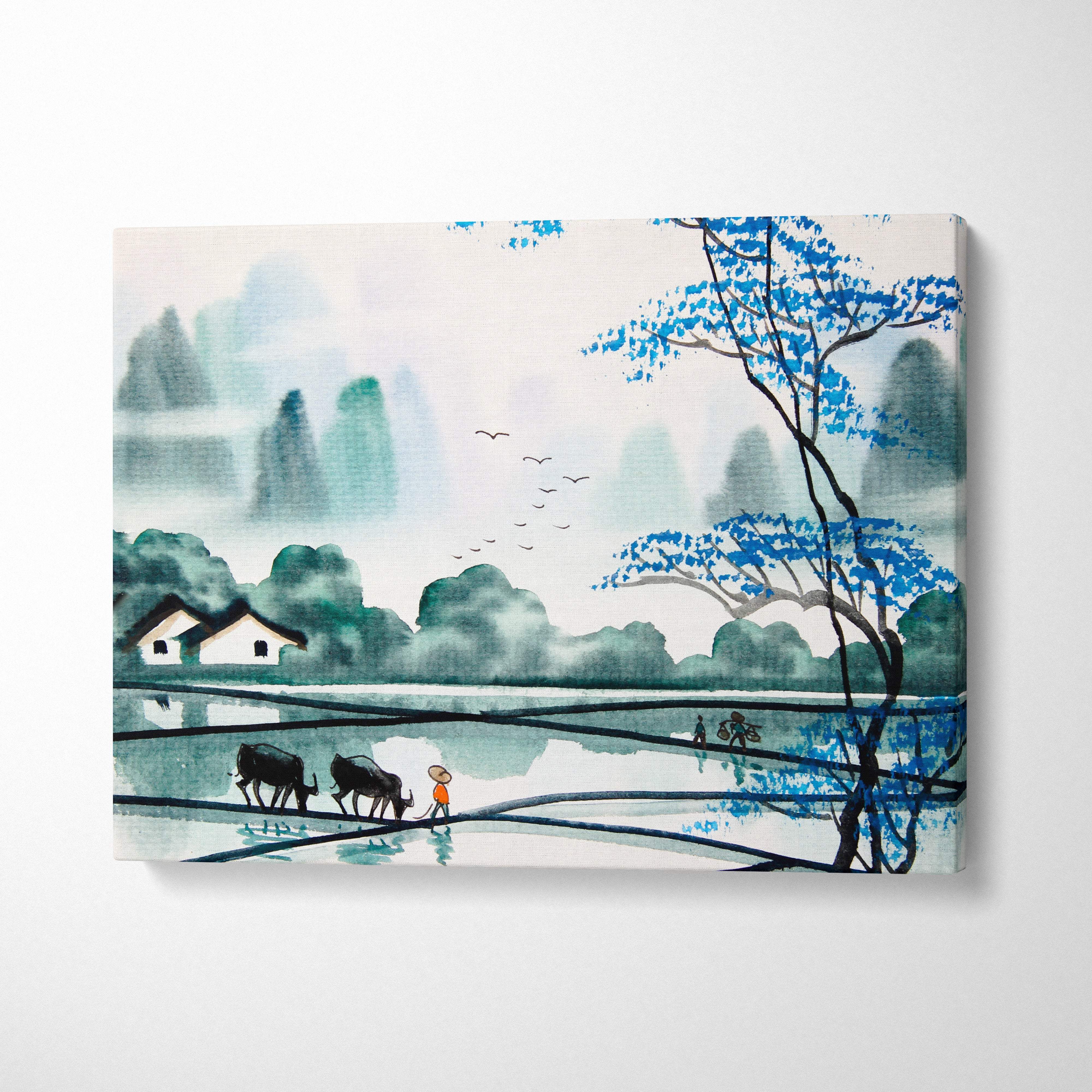 Blue tree rice field canvas wall art with serene teal watercolor landscape of misty mountains and reflective rice paddies