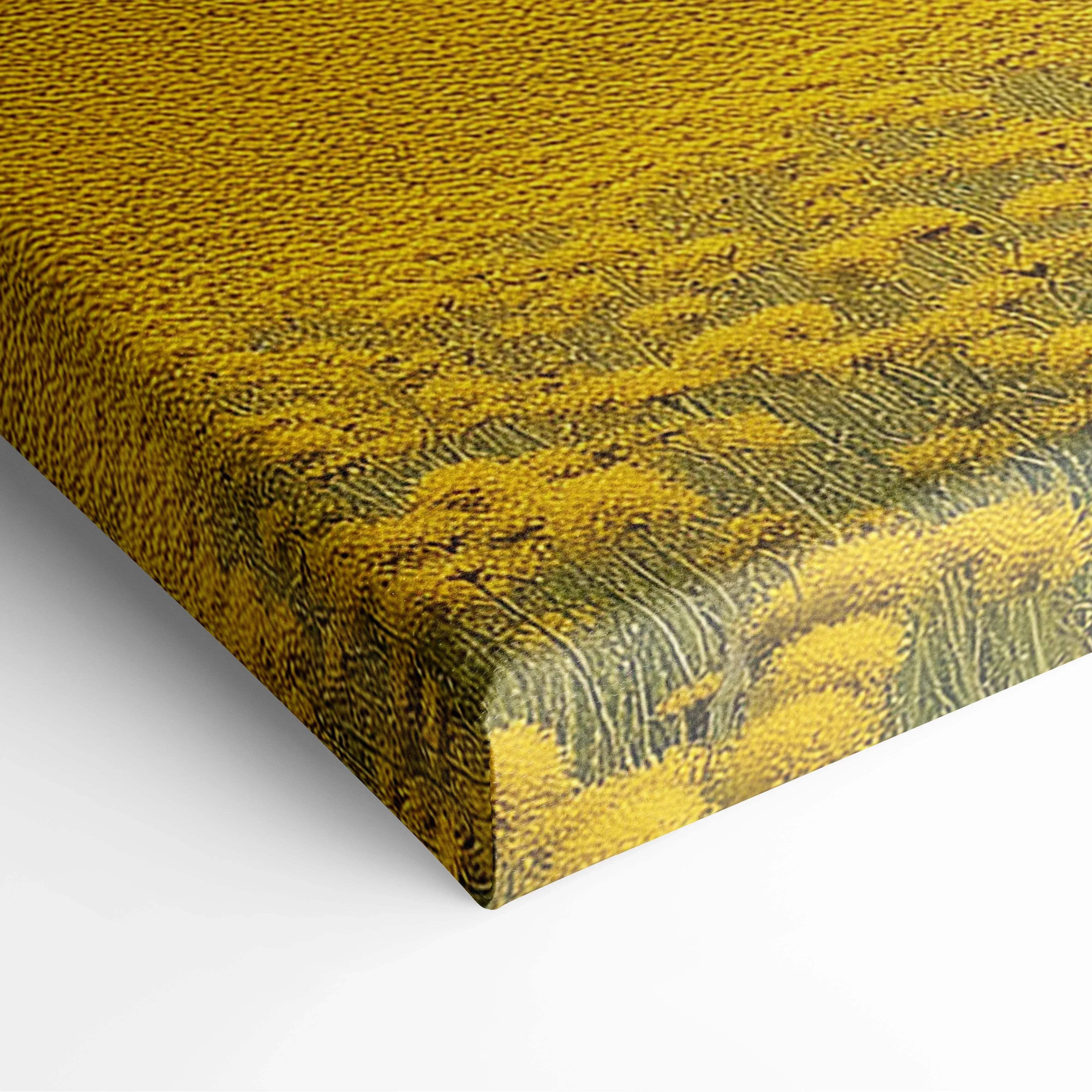 Canvas print of whimsical pastoral landscape featuring textured vibrant yellow fields with green brushstrokes wall art