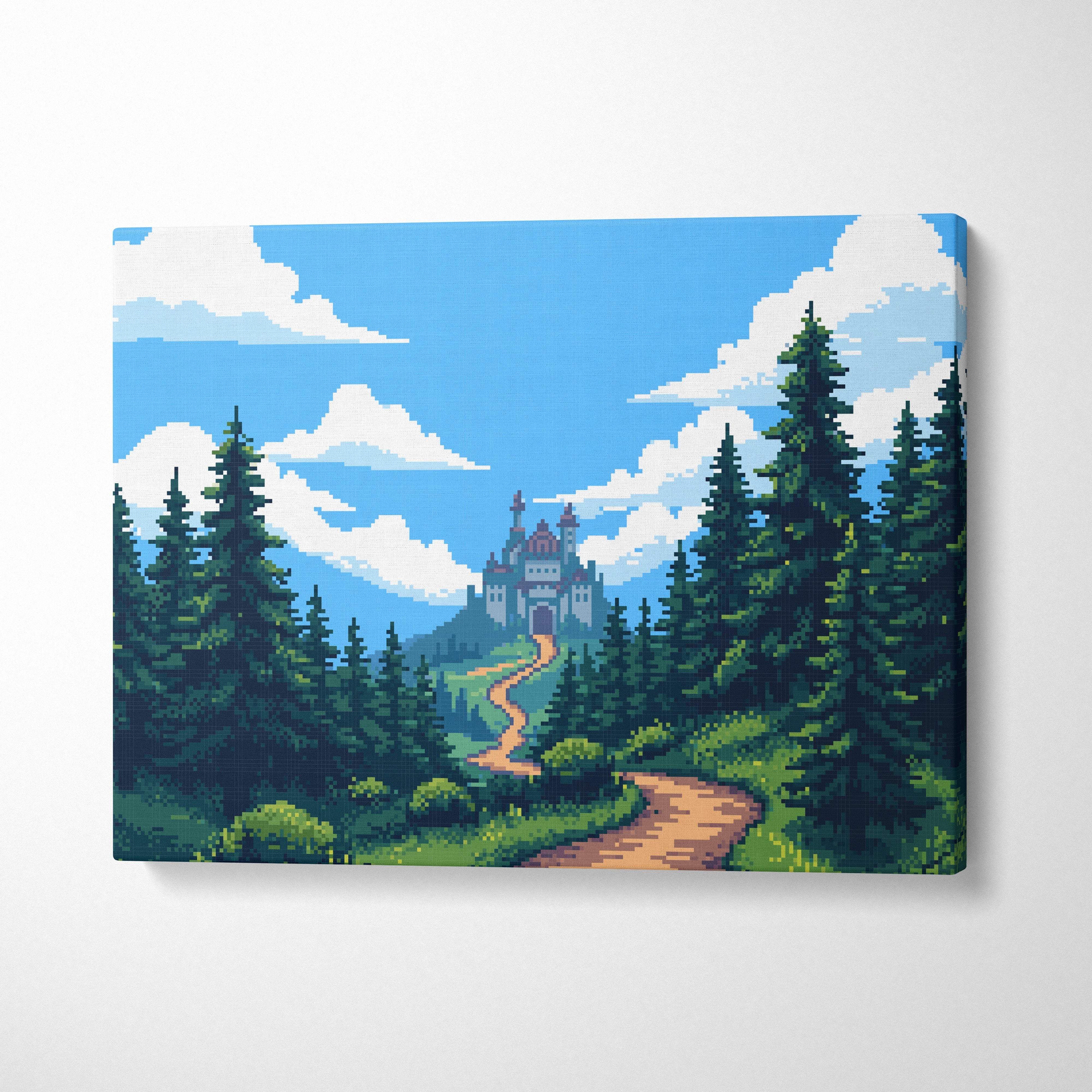 Castle forest pixel art canvas print showing a castle among green pine trees under a blue sky with white clouds