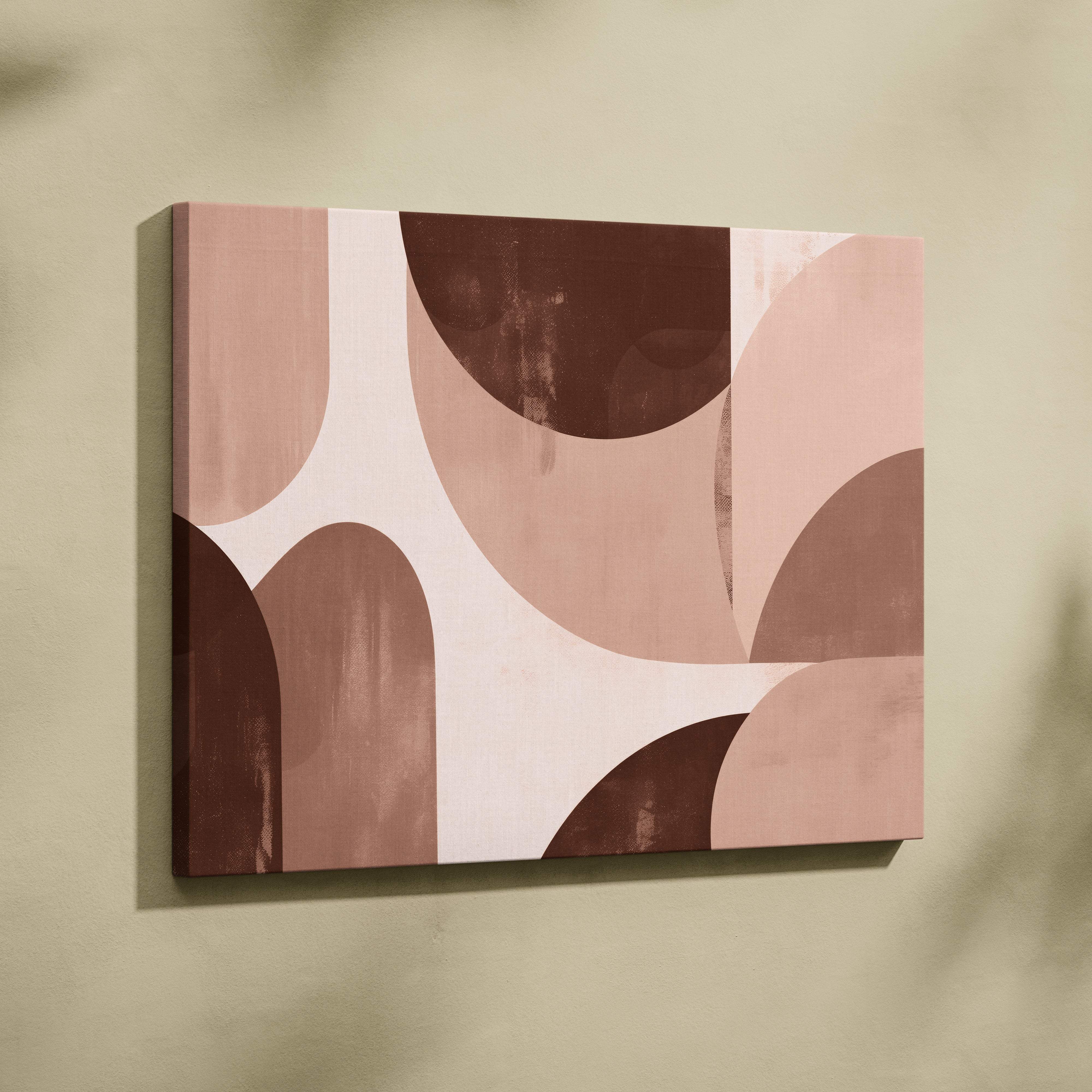 A modern abstract canvas wall art with overlapping circles in neutral beige terracotta and brown tones for boho decor