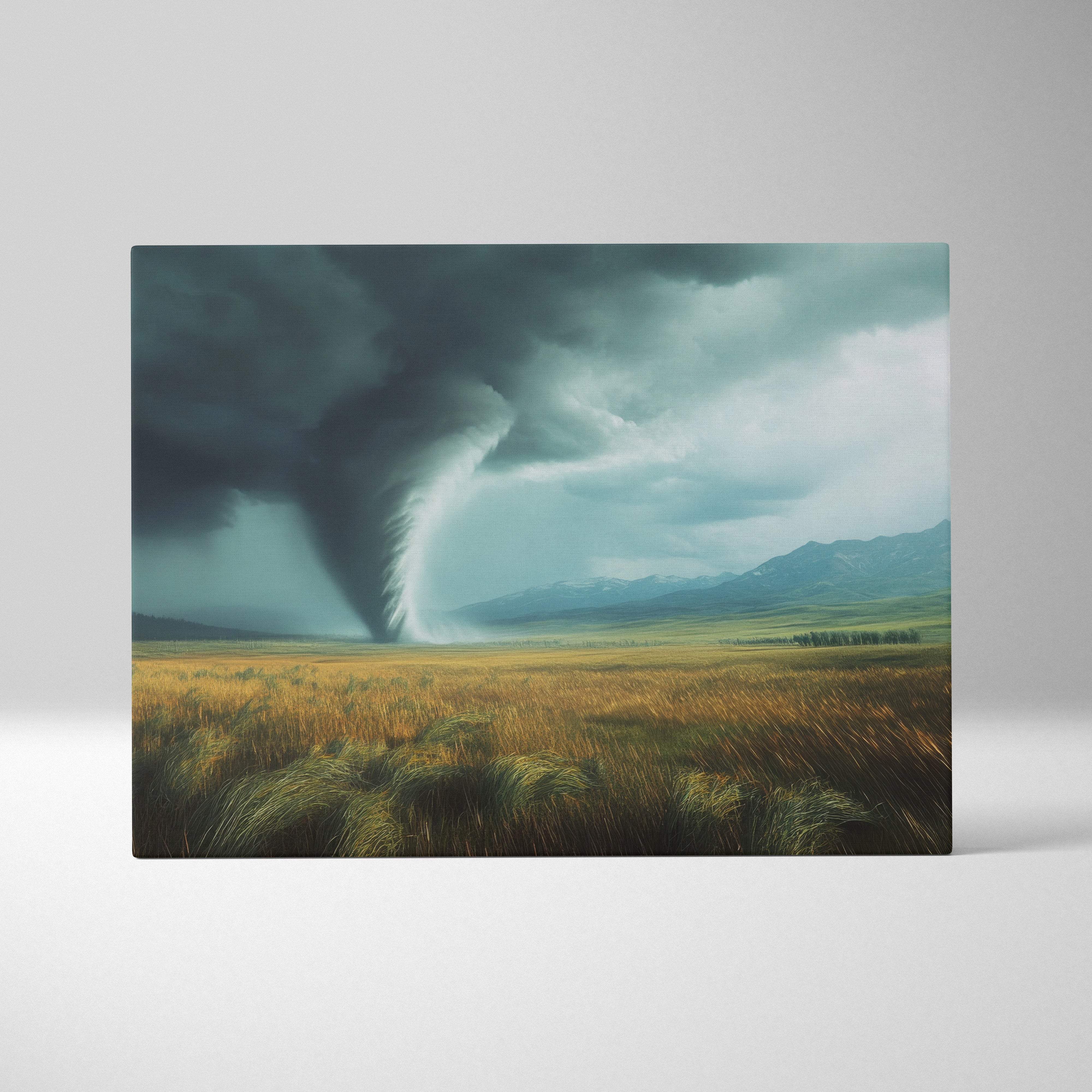 Rectangular canvas print of a dramatic tornado over a golden field with dark storm clouds and moody green sky wall decor
