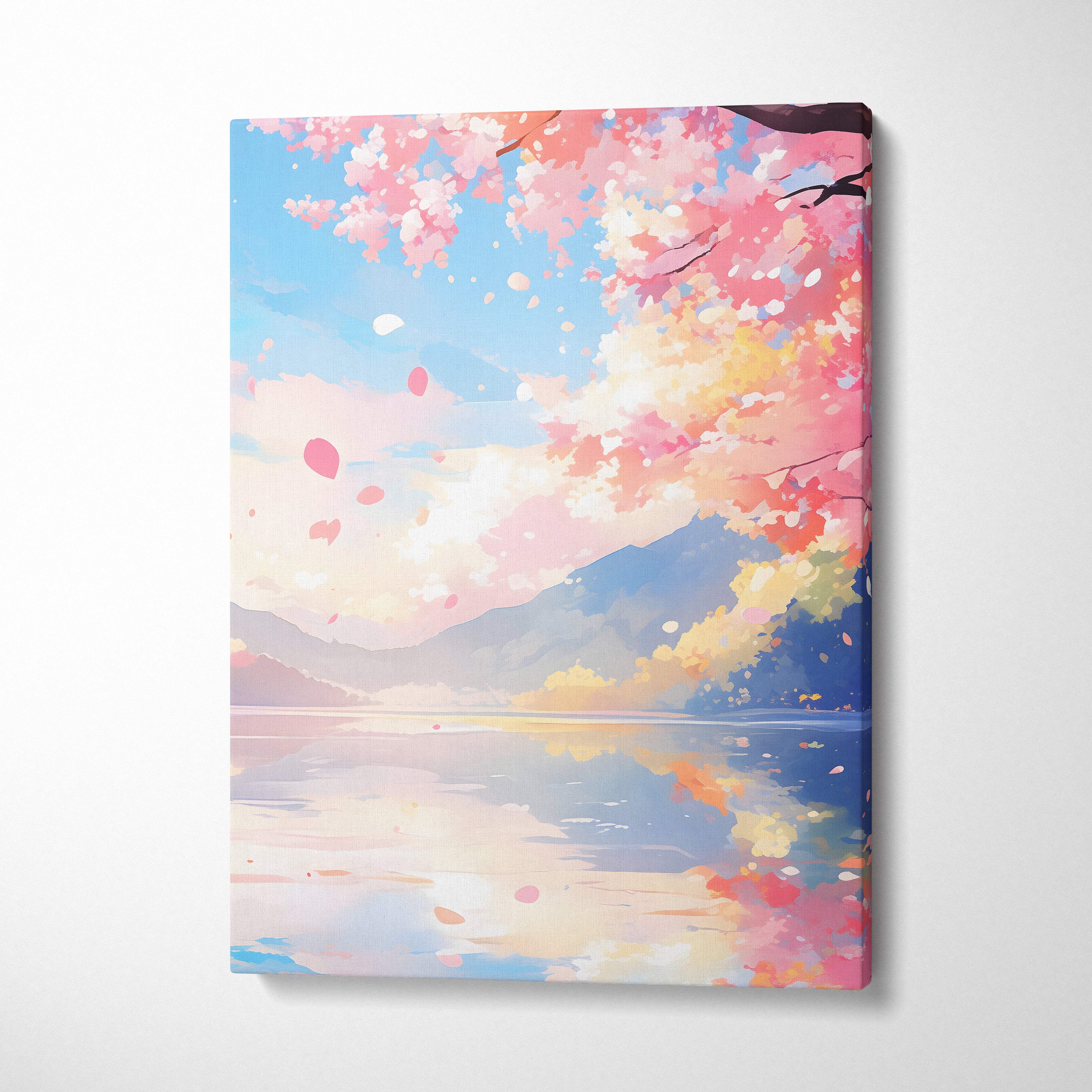 Pink cherry blossom lake canvas wall art with soft pastel anime style featuring serene lakeside and blue mountain sunset