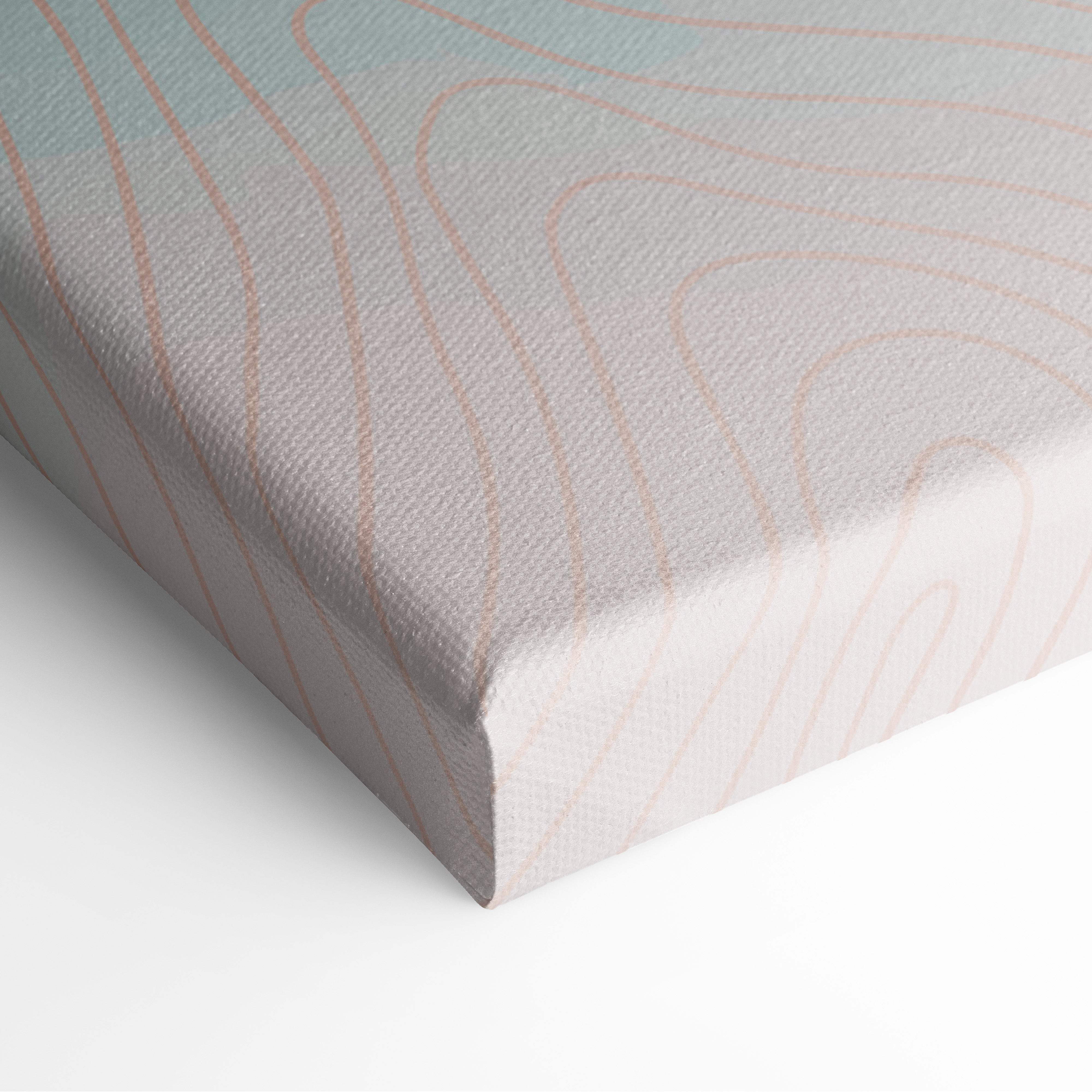 Pastel mountain landscape canvas wall art with soft textured canvas and peach contour lines on muted gray background
