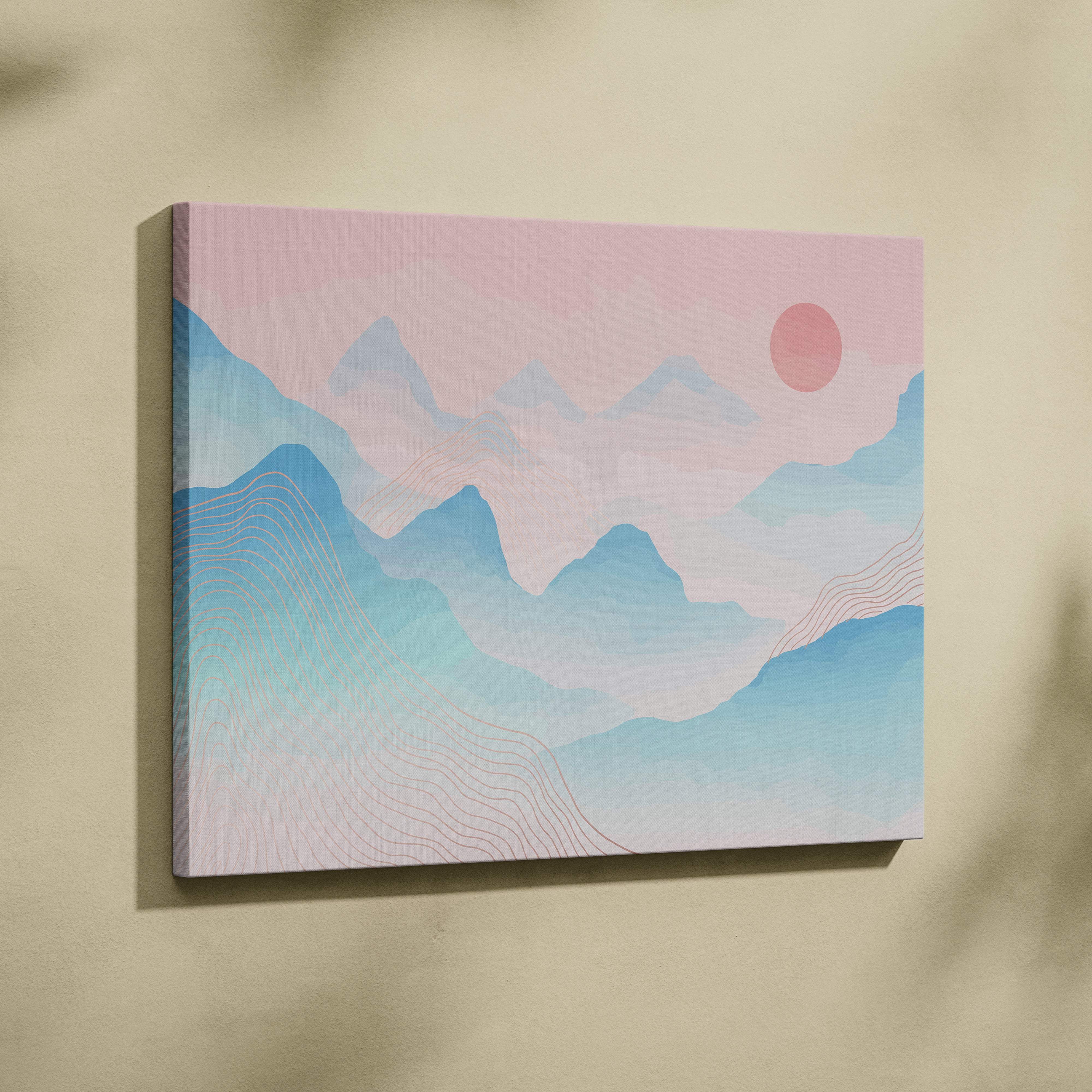 Pastel mountain landscape canvas wall art with soft pink and blue hues and subtle sun motif for living room decor