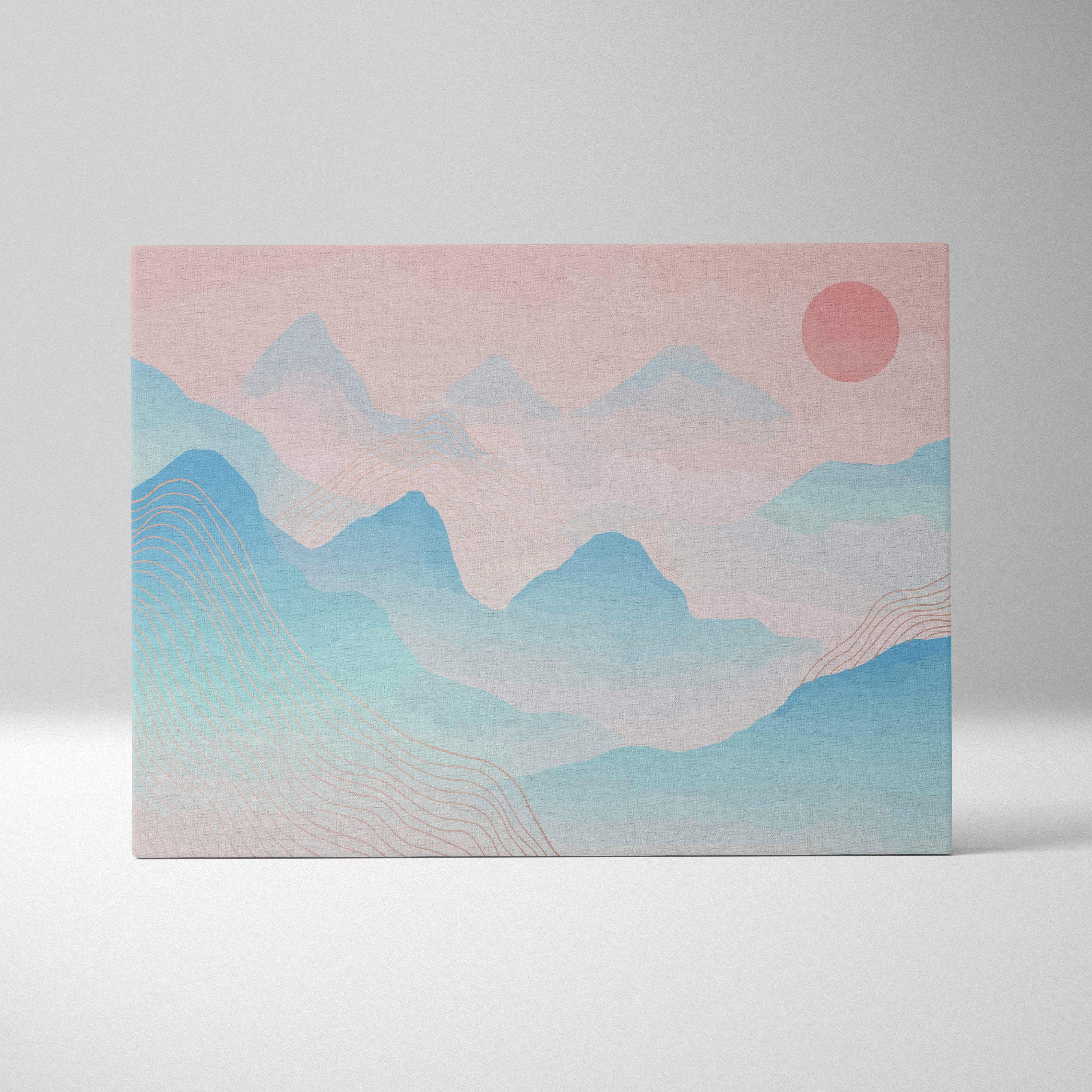 A rectangular canvas print of a pastel mountain landscape in blue pink with gold lines for living room decor
