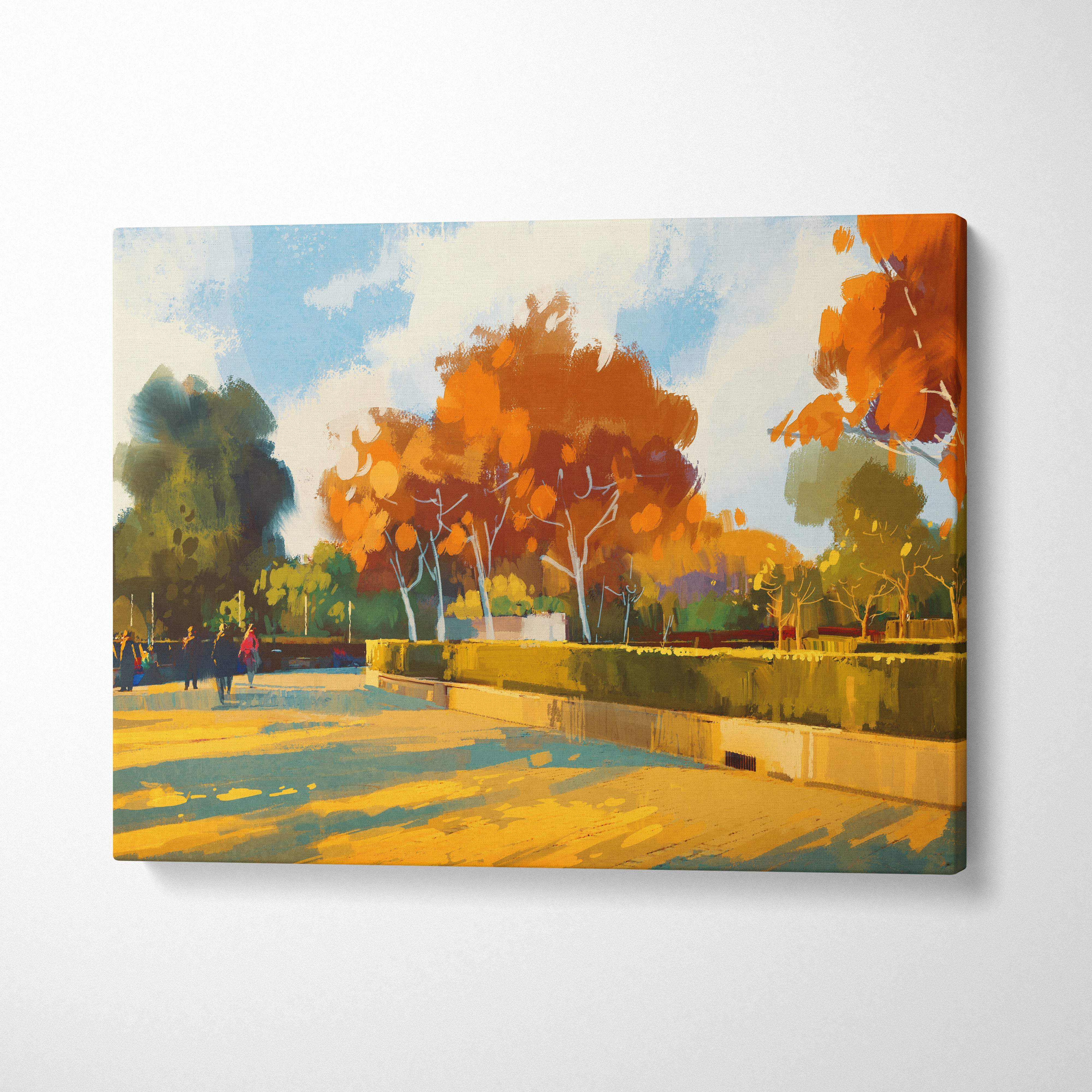 Autumn park stroll canvas wall art with vibrant orange and green trees and peaceful city garden landscape