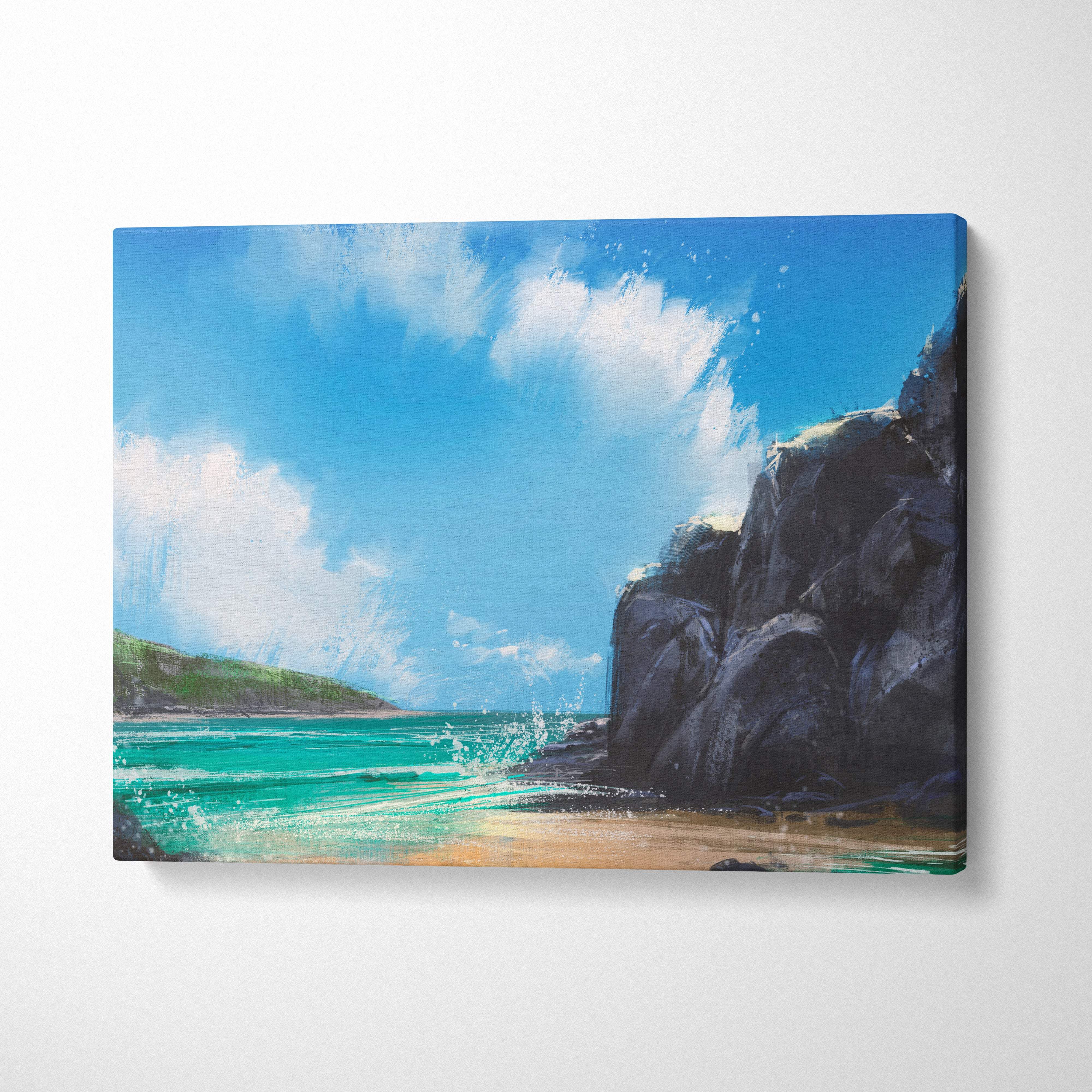 Coastal cliffs seascape canvas print featuring turquoise ocean waves, rugged dark rocks, and a bright blue sky with clouds