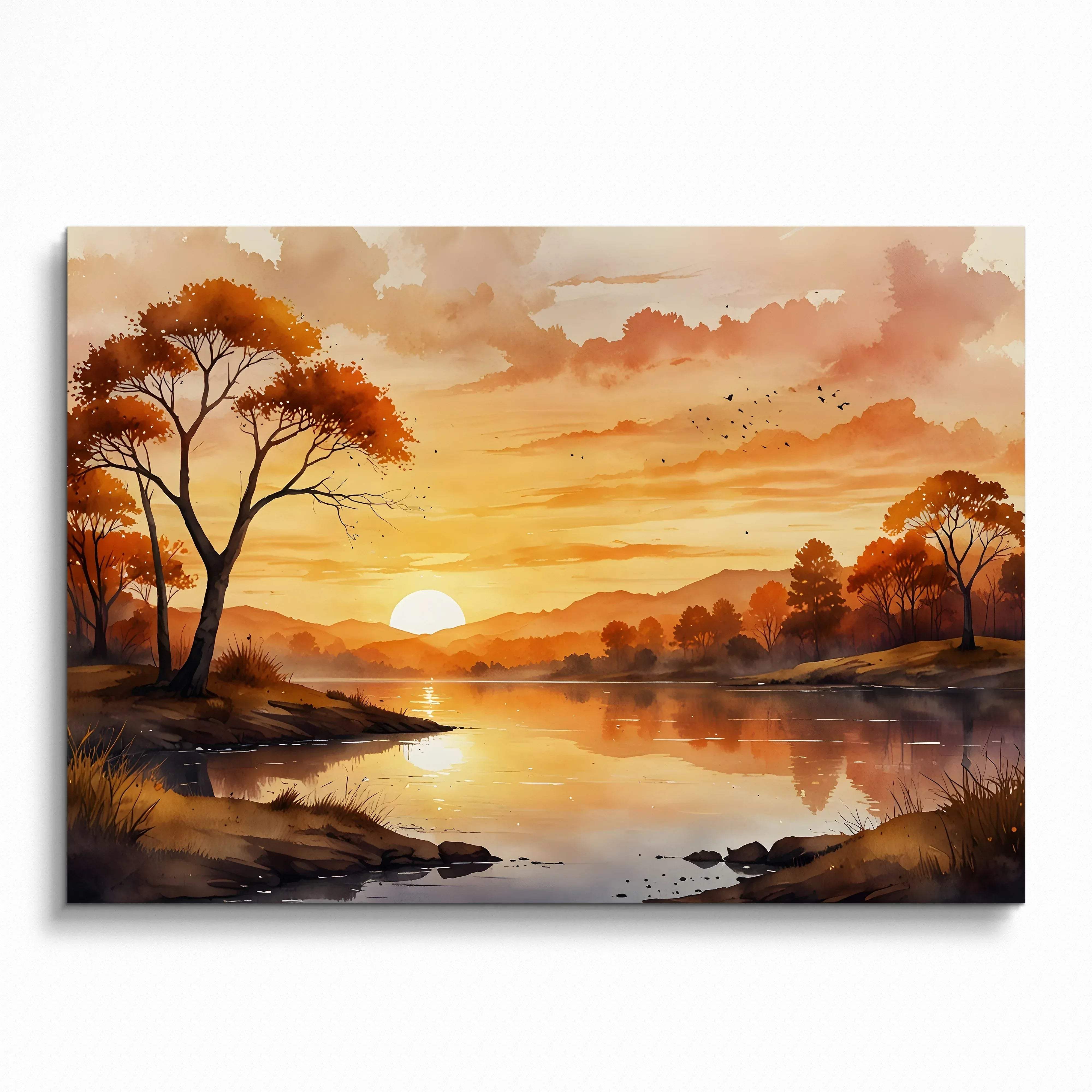 Watercolor sunset nature art poster featuring warm orange and brown tones with trees by a reflective river, wall art print.