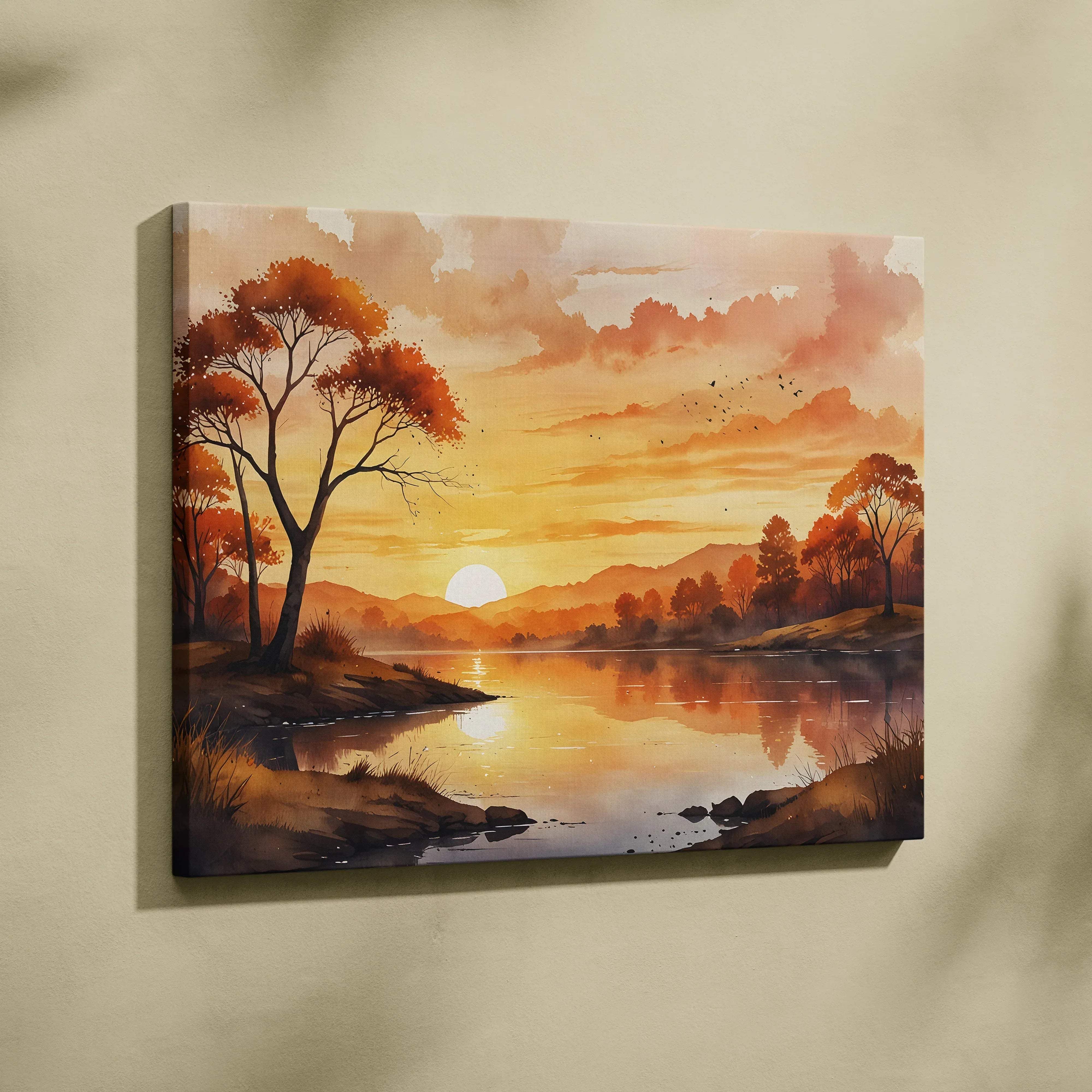 Warm-toned watercolor sunset landscape canvas wall art with silhouetted autumn trees and reflective lake at golden hour