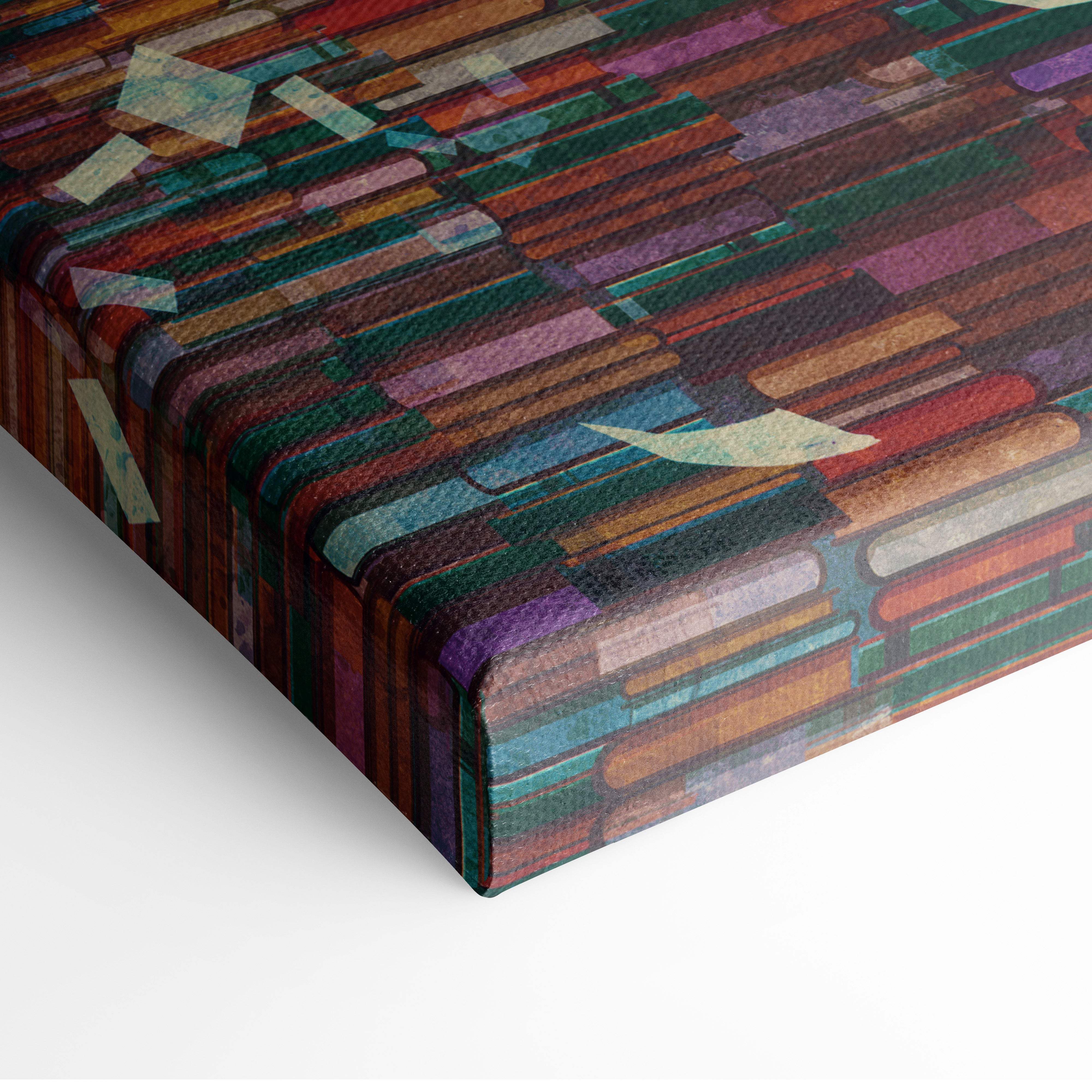 A vibrant textured canvas print of a surreal book stack in earthy tones and deep purples for literary wall decor